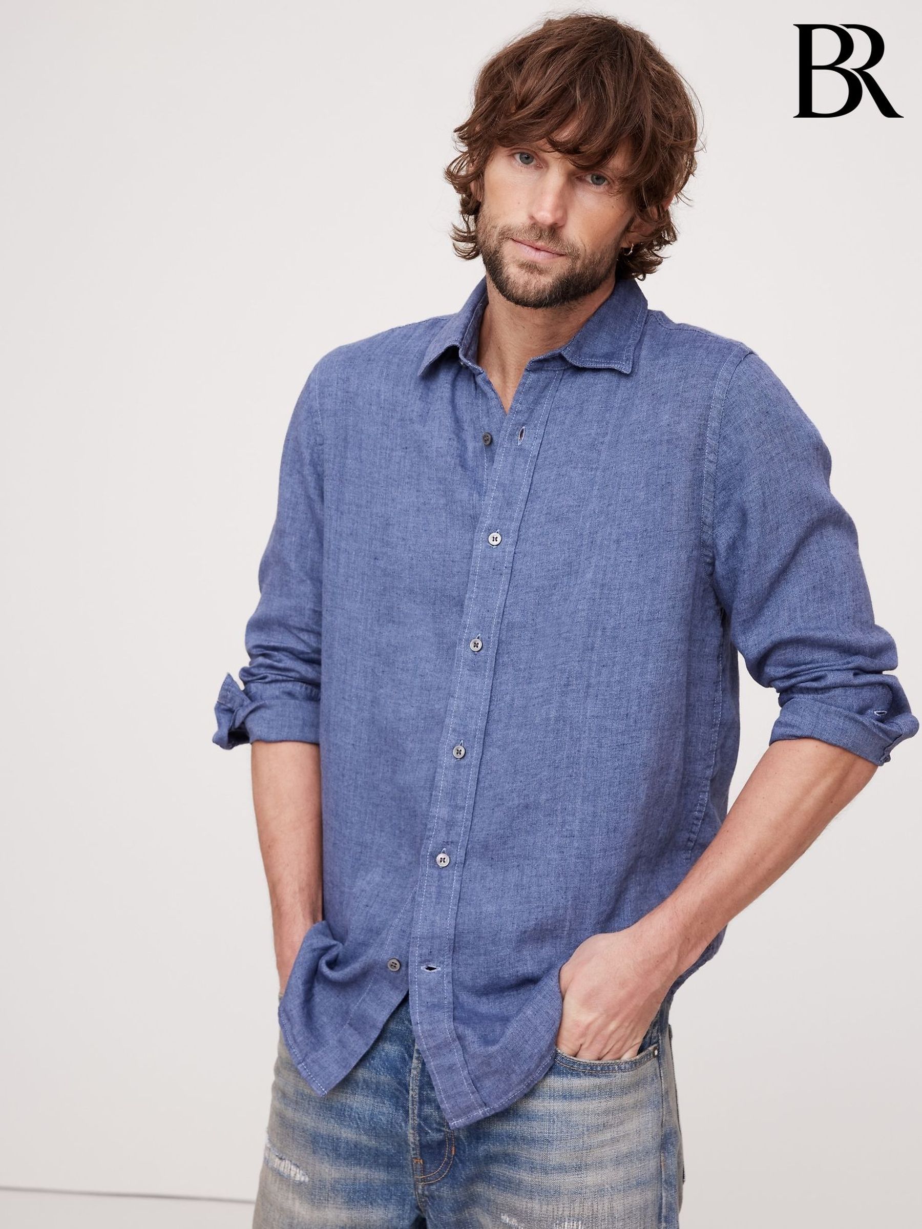 Banana Republic Blue 100% Linen Castelletto Long Sleeve Shirt (F28747) | £80