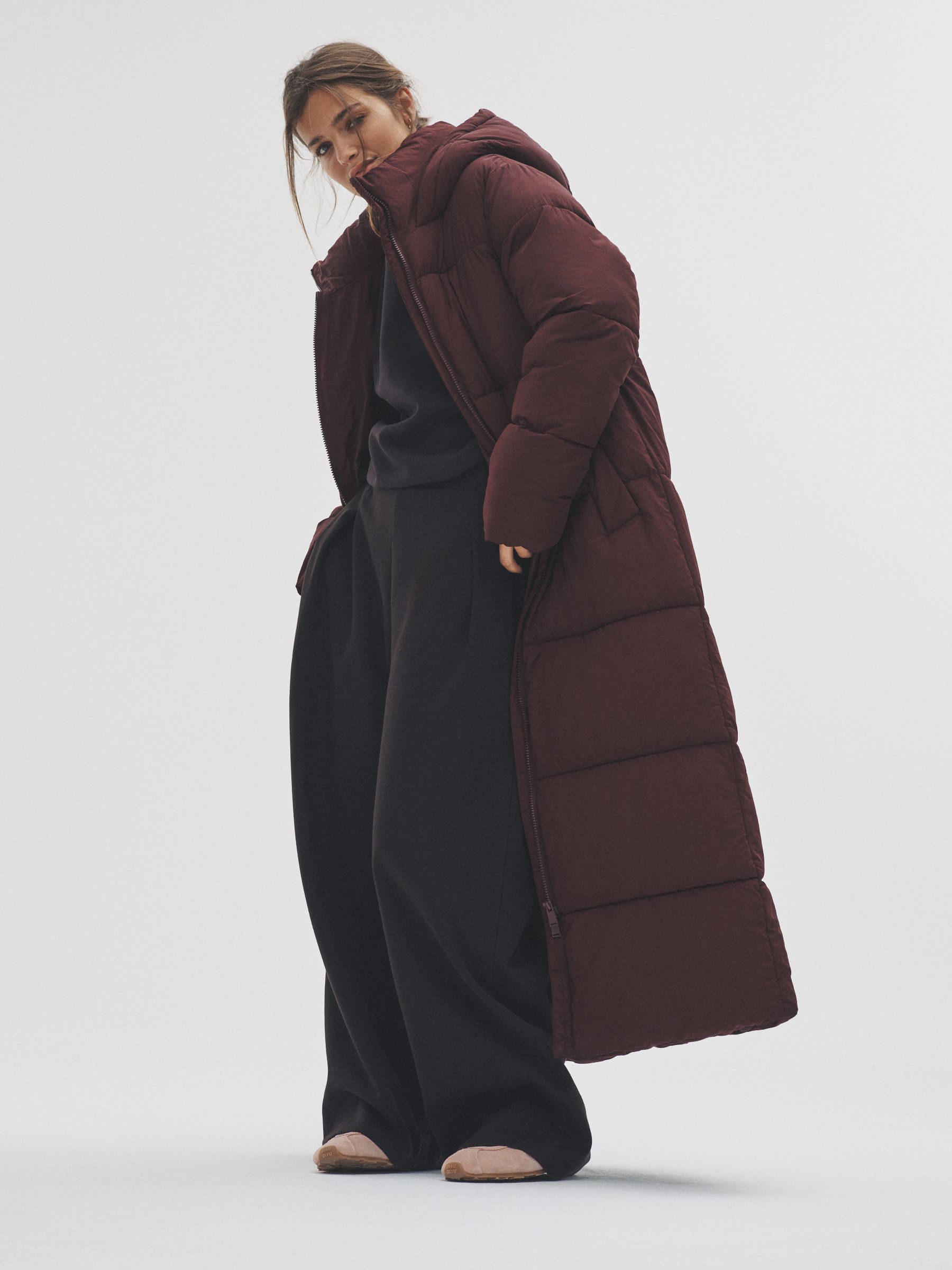 Burgundy Red - Hooded Longline Padded Maxi Coat (F28925) | £46