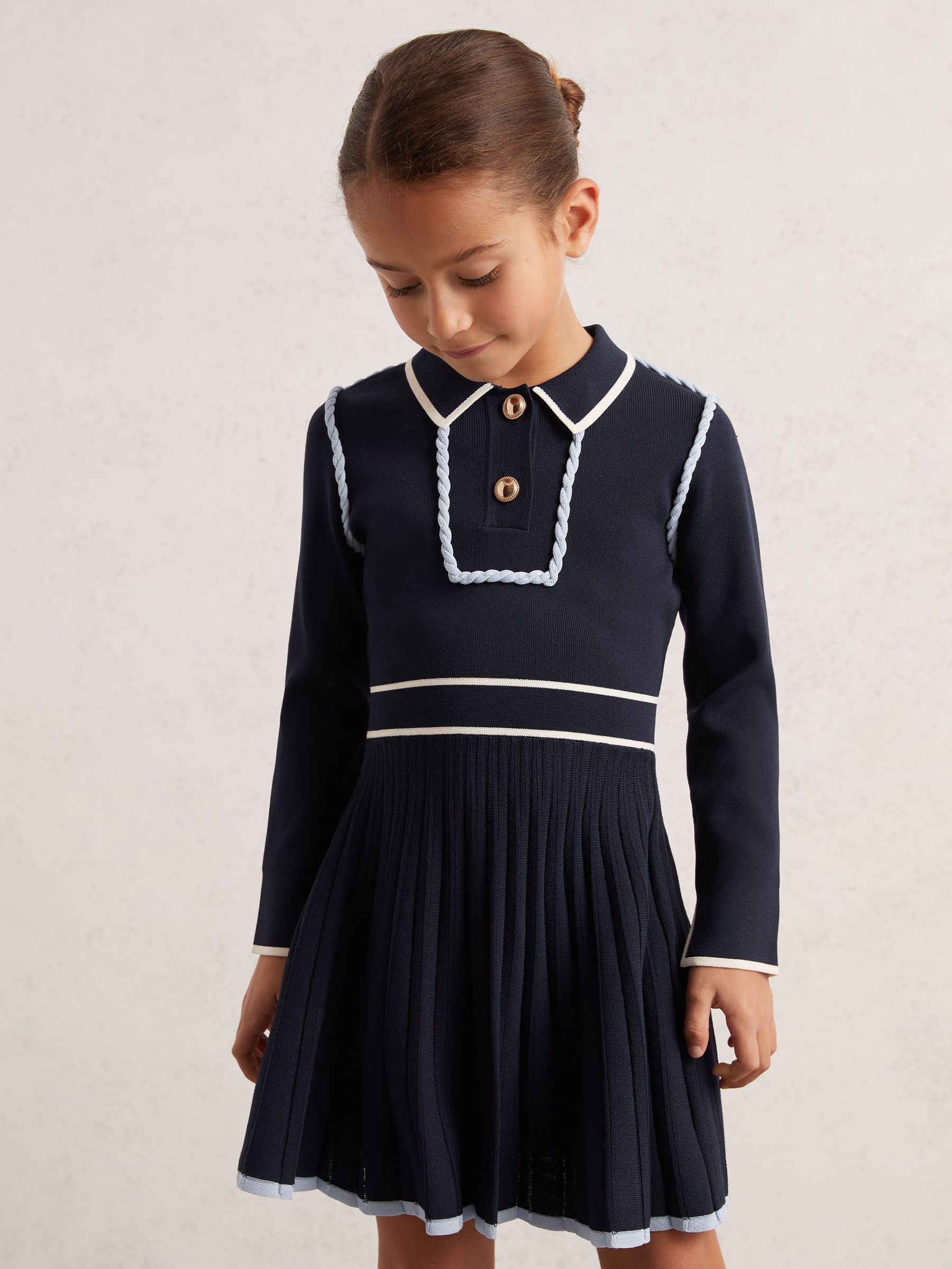 3-9 yrs Piped Knitted Skater Dress in Navy (F29237) | £70