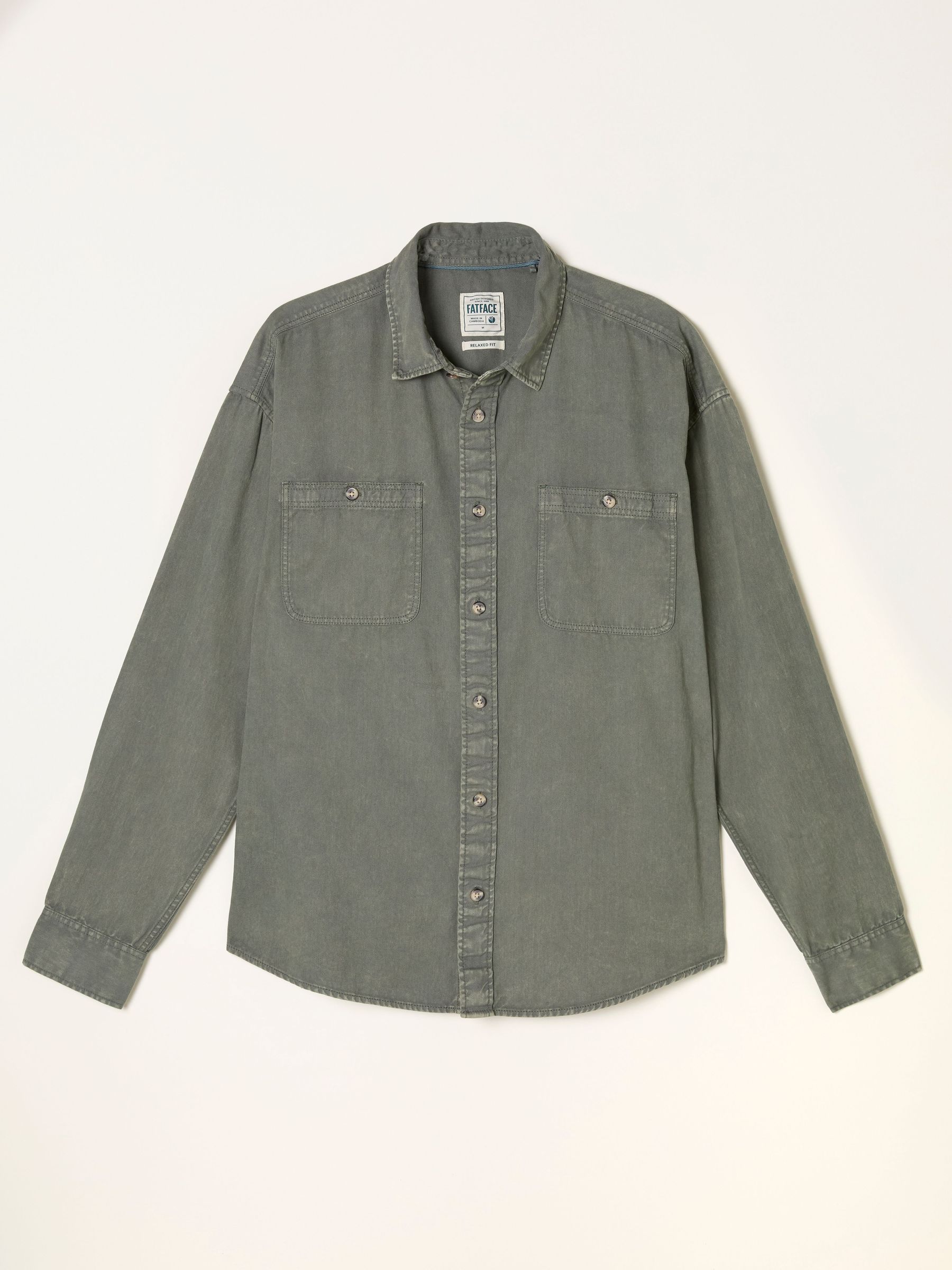 Khaki Green Long Sleeve Relaxed Fit Garment Dye Utility Shirt (F30437) | £55