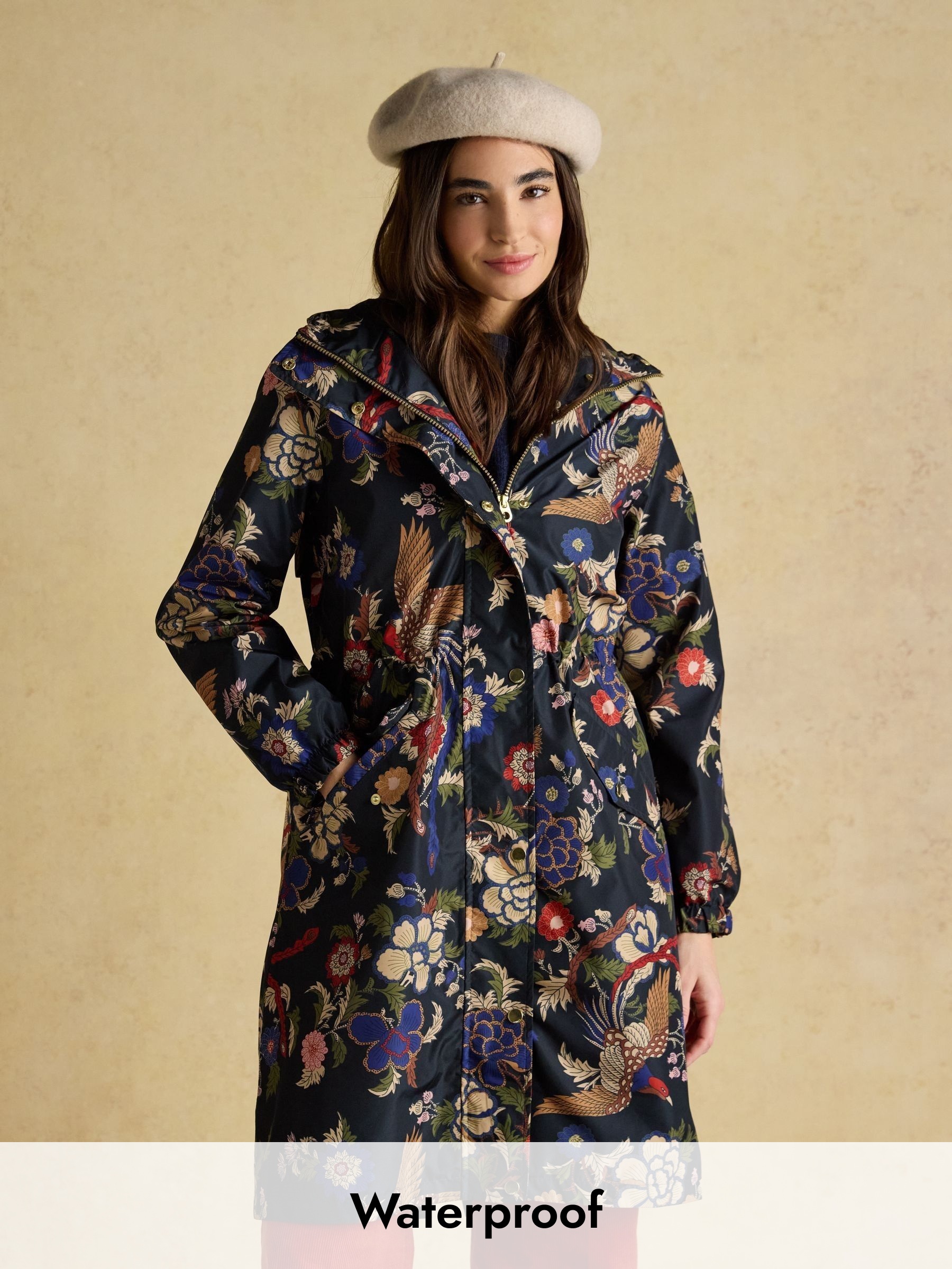 Holkham Navy Bird Floral Waterproof Packable Raincoat With Hood (F30830) | £69