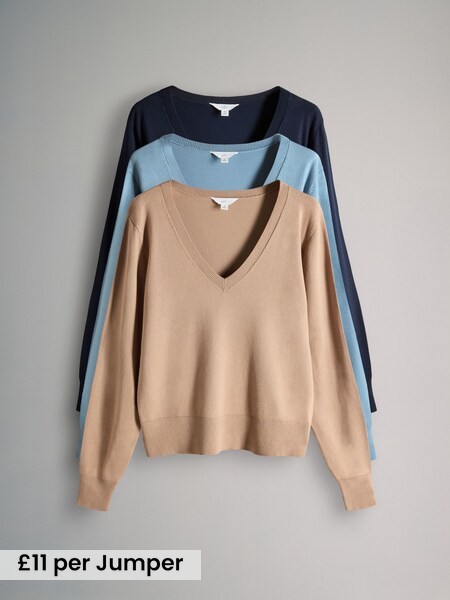 Navy/Blue/Brown - 3 Pack V-Neck Fine Knit Jumpers (F33130) | £33