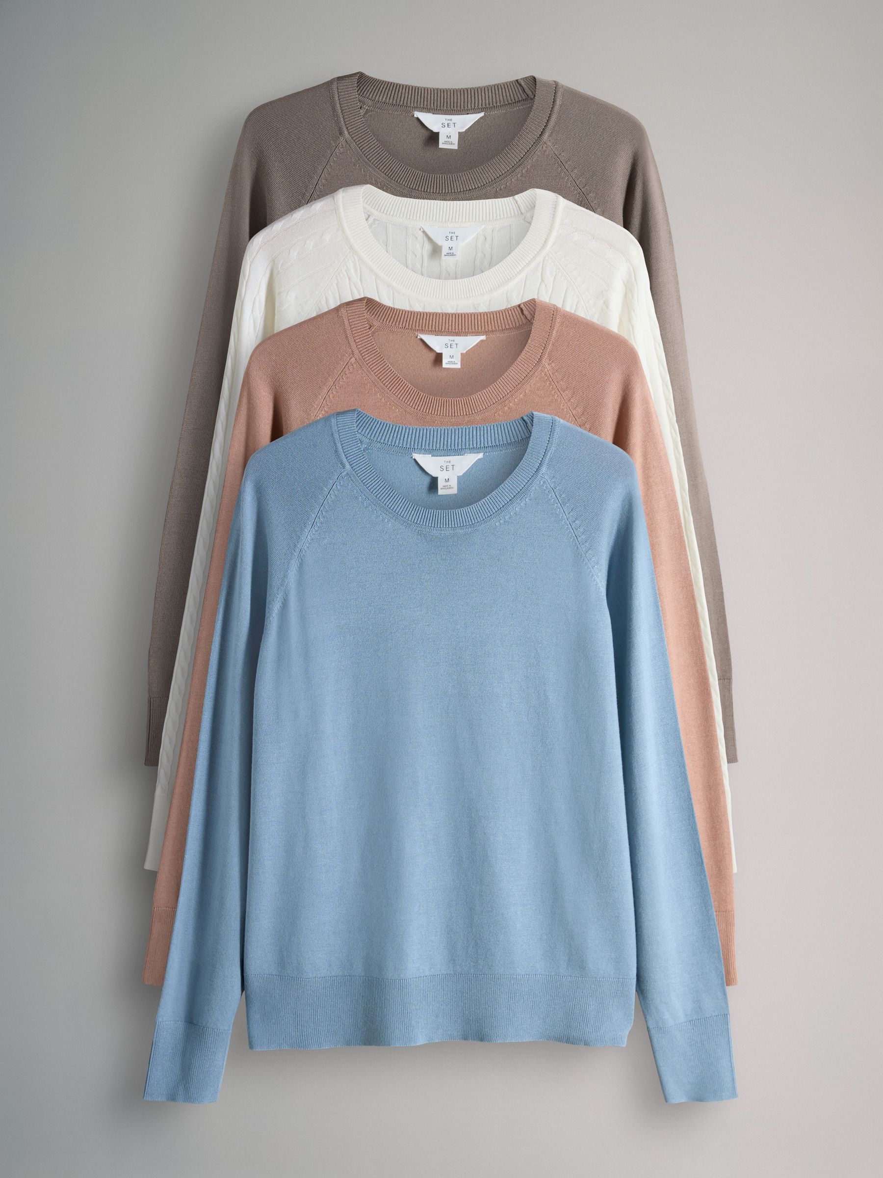 Blue/Tan/Neutral/ Cream Cable - 4 Pack Fine Knit Crew Neck Jumpers (F33131) | £40