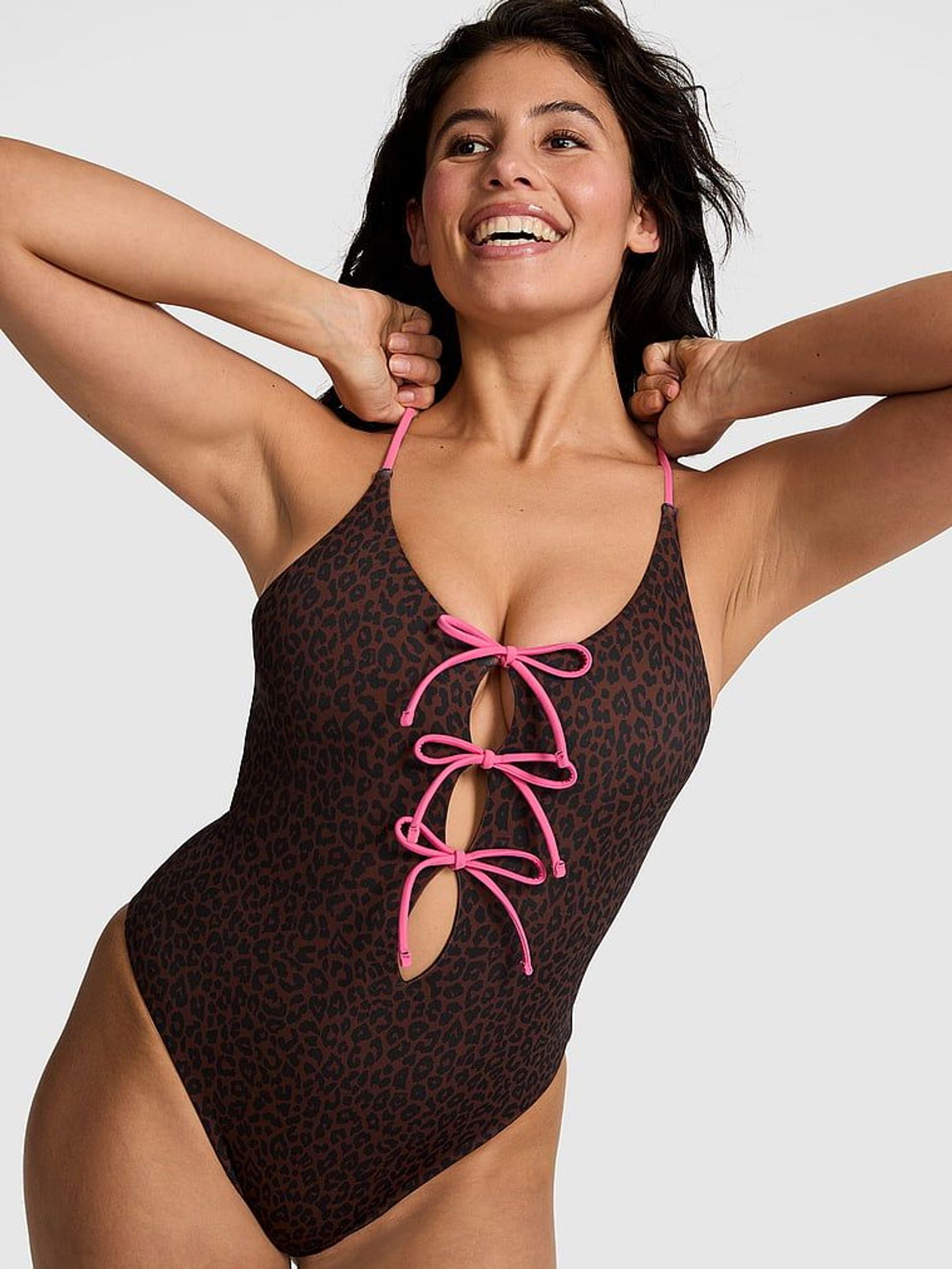 Brown Leopard Tie Front Swimsuit (F33680) | £46