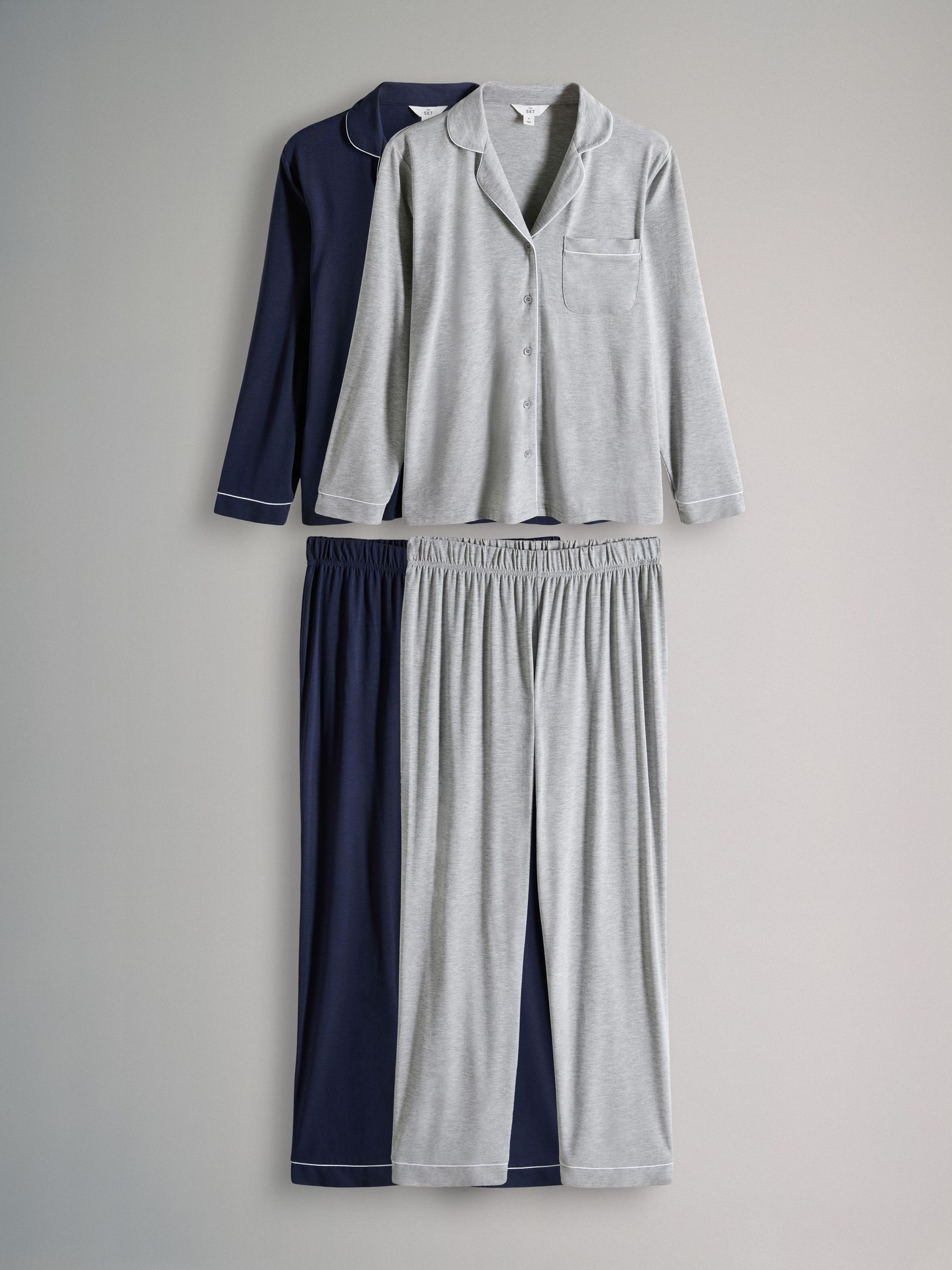 Navy/Grey Marl - 2 Pack Viscose Blend Button Through Long Pyjamas with Piping (F33840) | £32