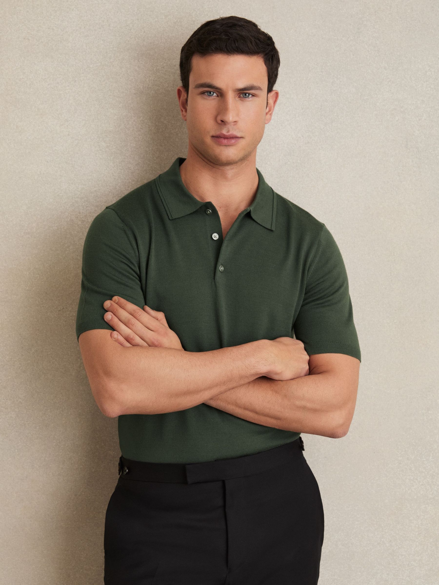 Merino Wool Short-Sleeve Polo Shirt in Kale Green (F33972) | £88