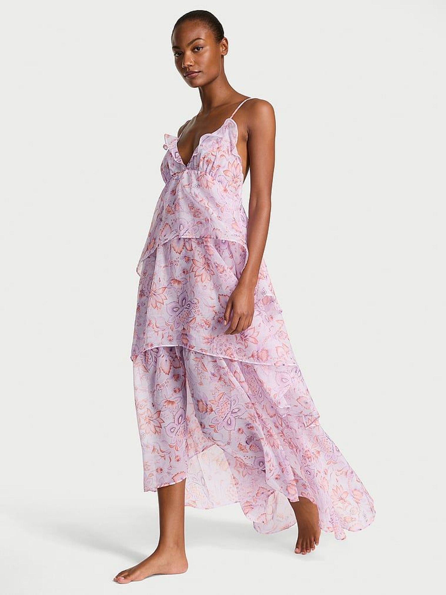 Delicate Violet Purple Blossom Chiffon Ruffled Maxi Dress (F35135) | £109