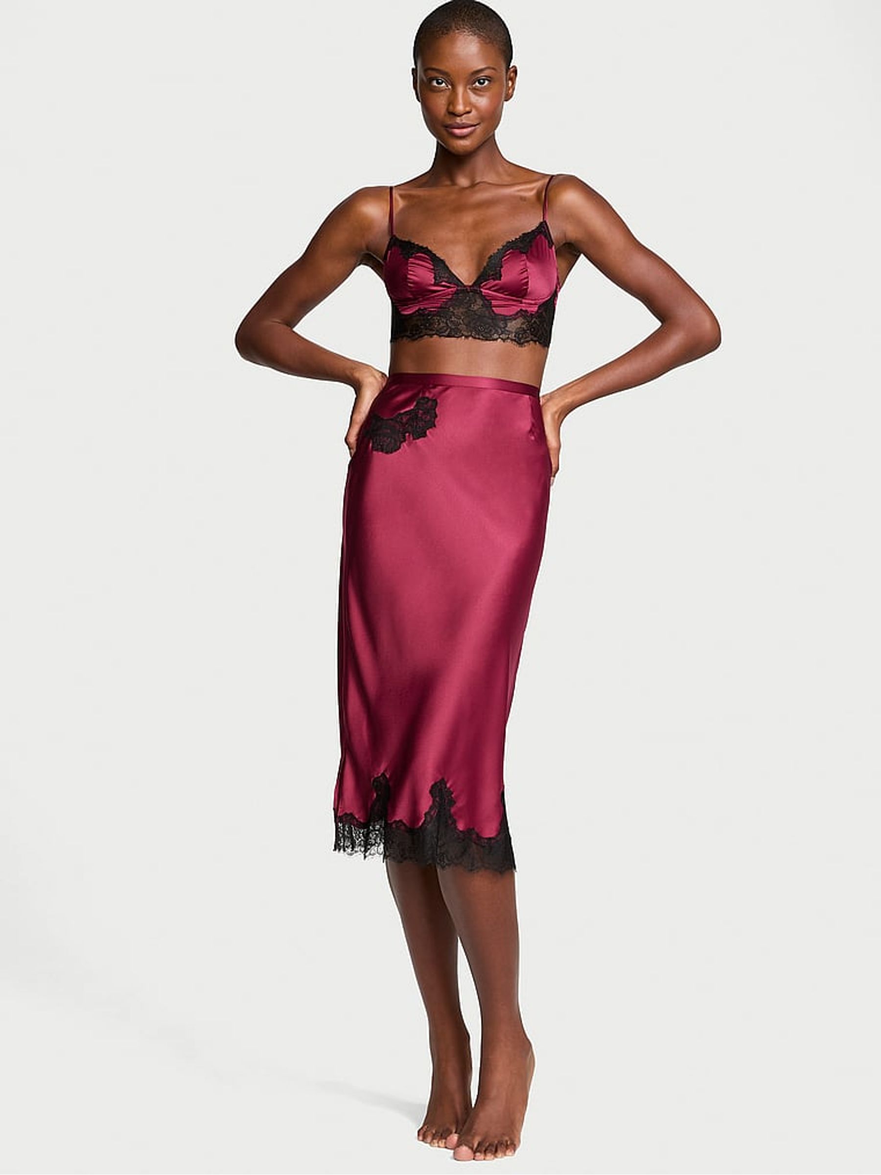 Campari Red Satin Lace Trim Bralette and Skirt Set (F35251) | £75