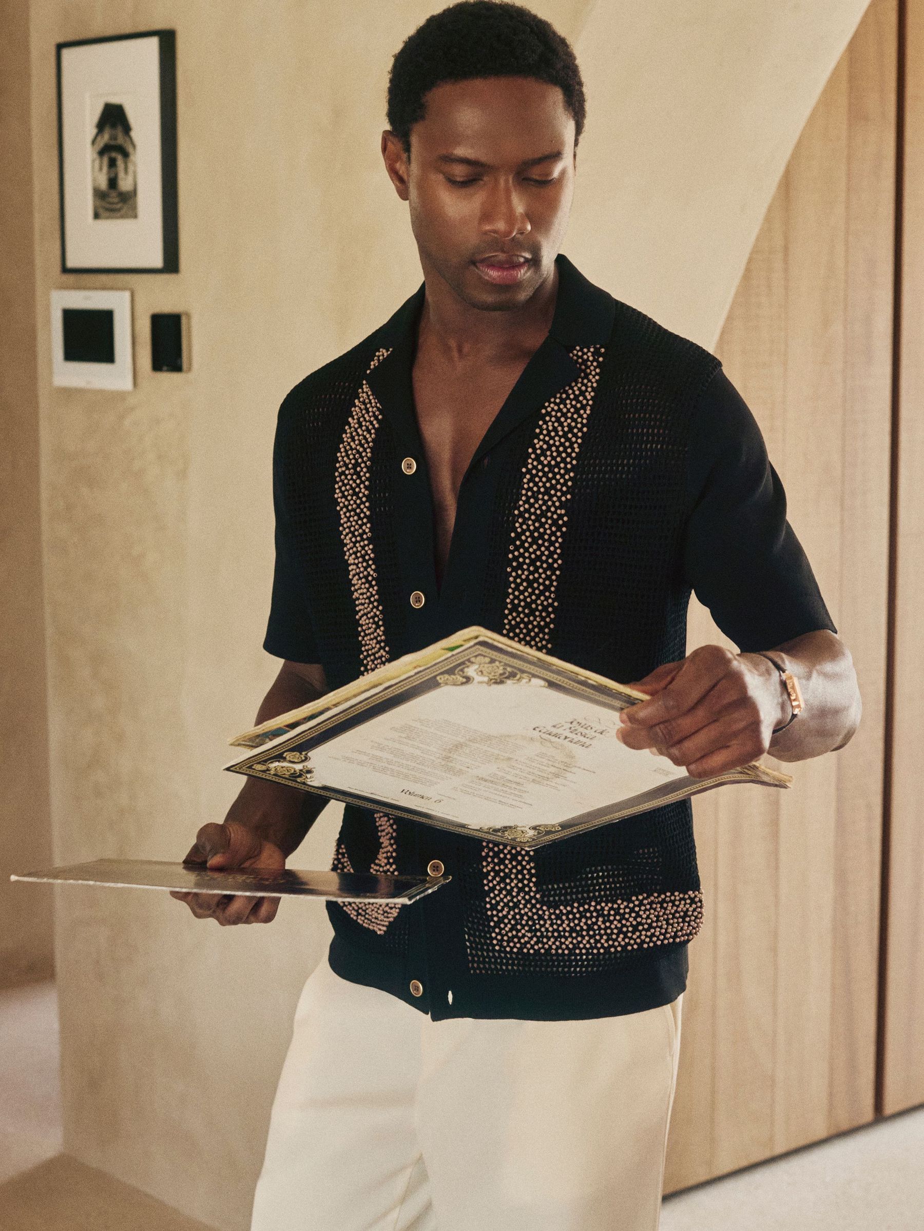 Reiss | Ché Beaded Crochet Shirt in Black (F35951) | £150