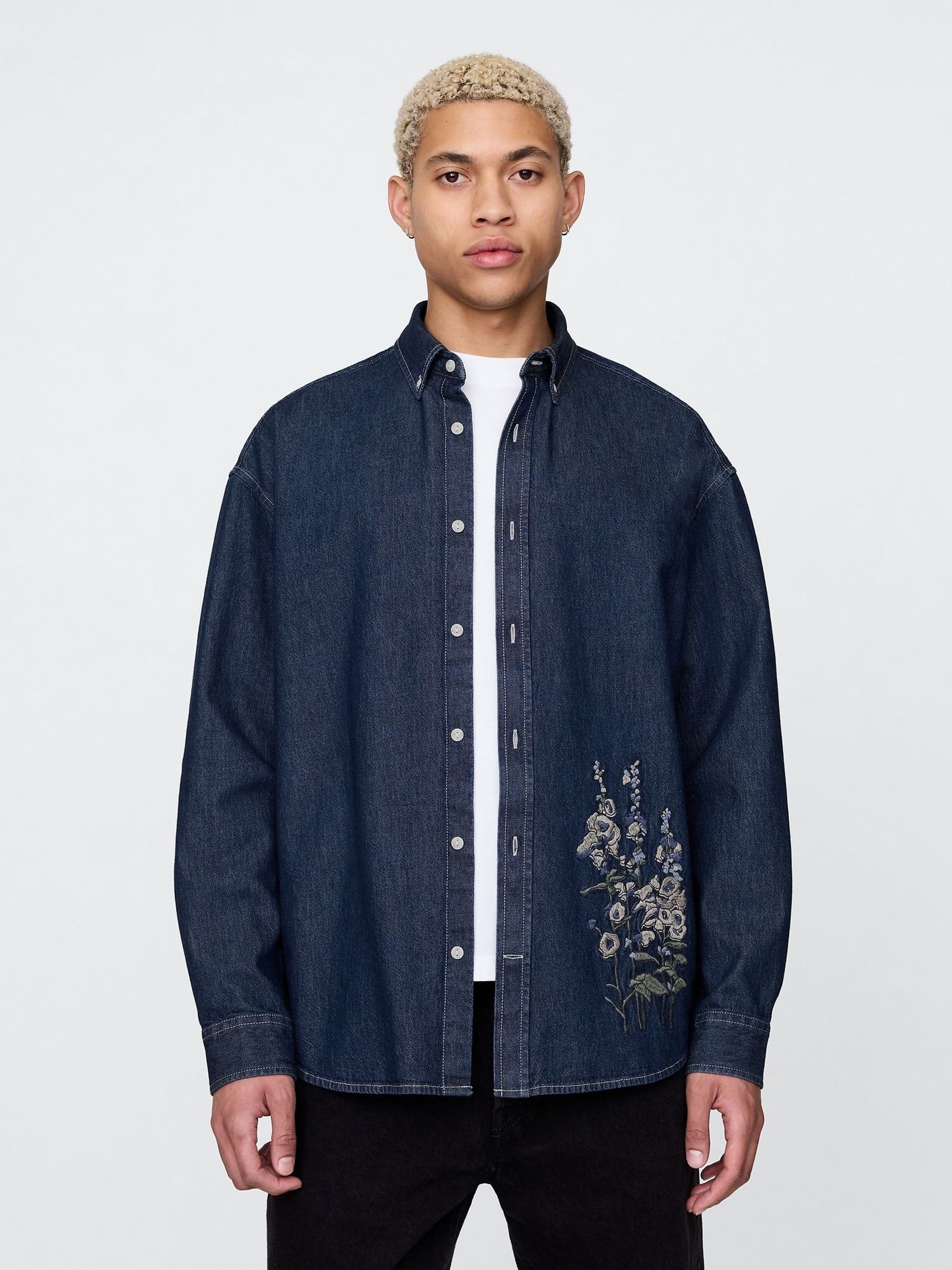 Dark Indigo Blue Embroidered Denim Oversized Shirt (F35984) | £50
