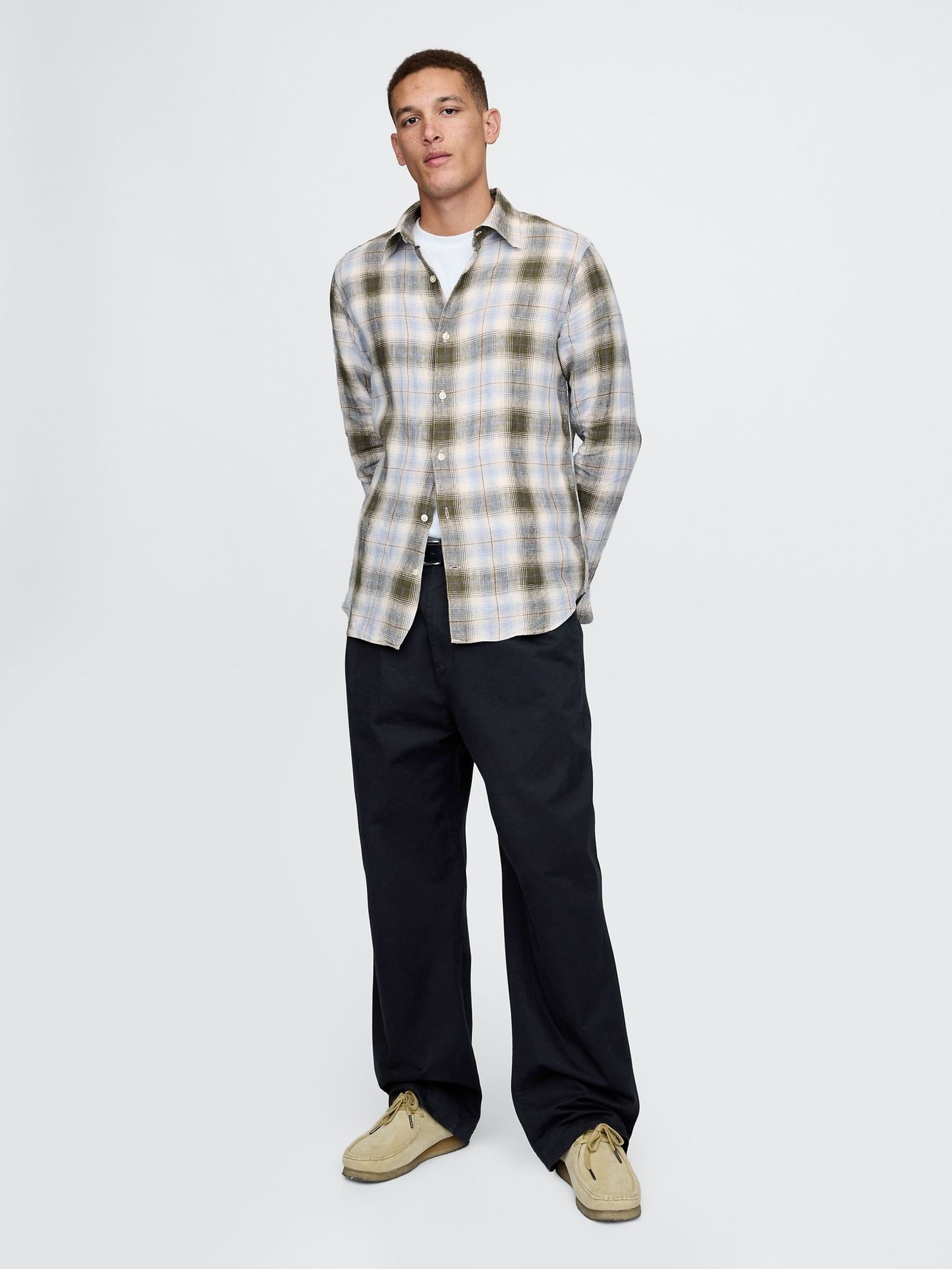 Light Blue Check 100% Linen Long Sleeve Classic Shirt (F35985) | £70