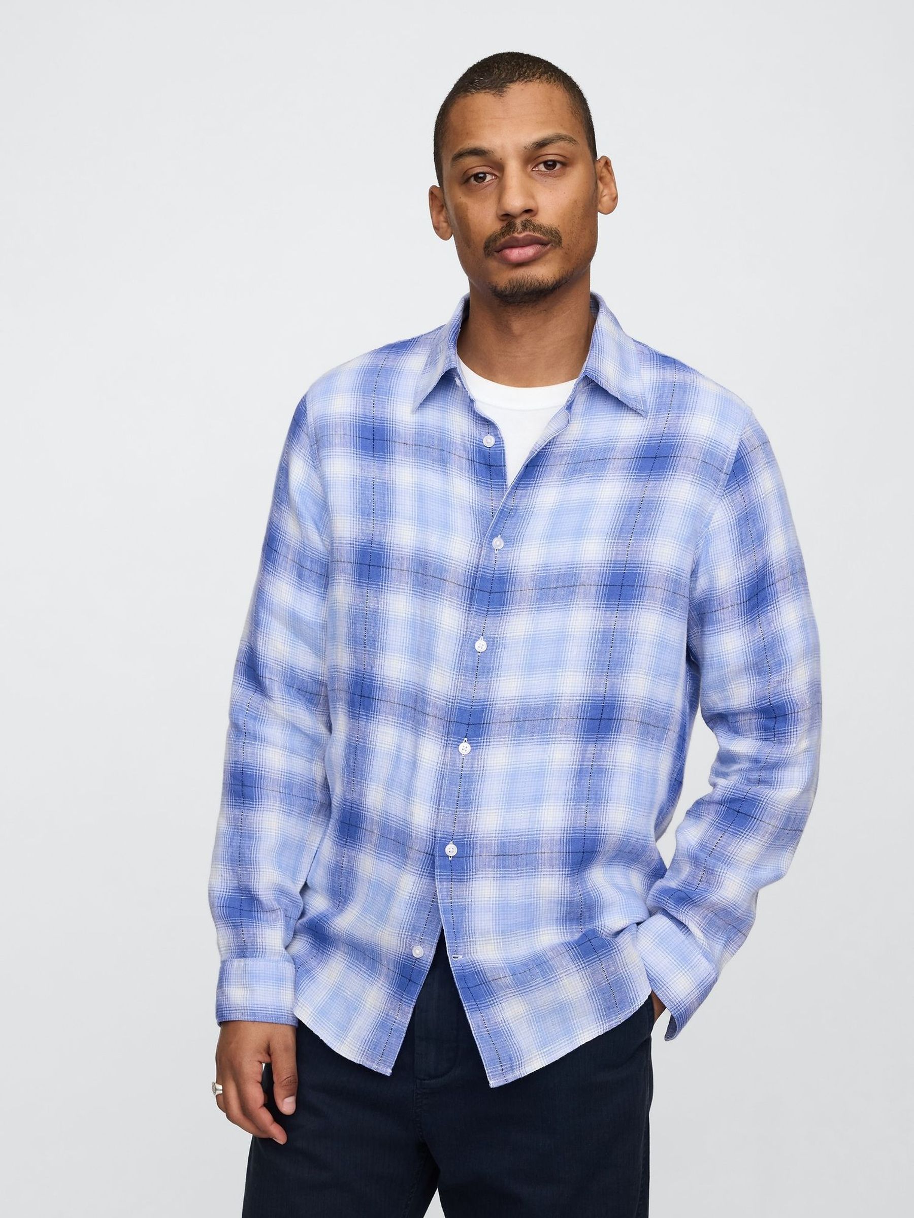 Blue Check 100% Linen Long Sleeve Classic Shirt (F35986) | £70