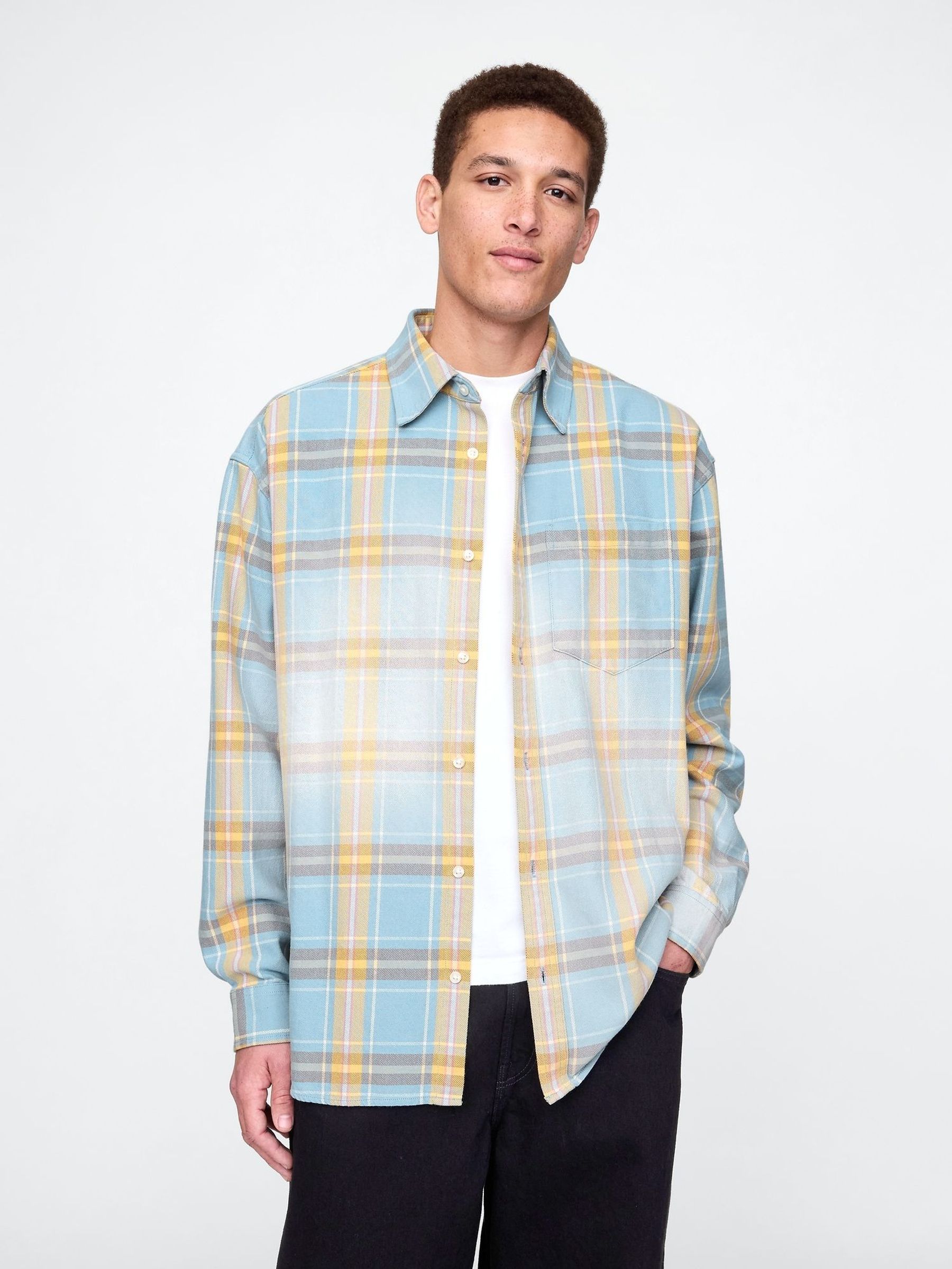 Blue & Yellow Check Cotton Twill Oversized Shirt (F35991) | £60