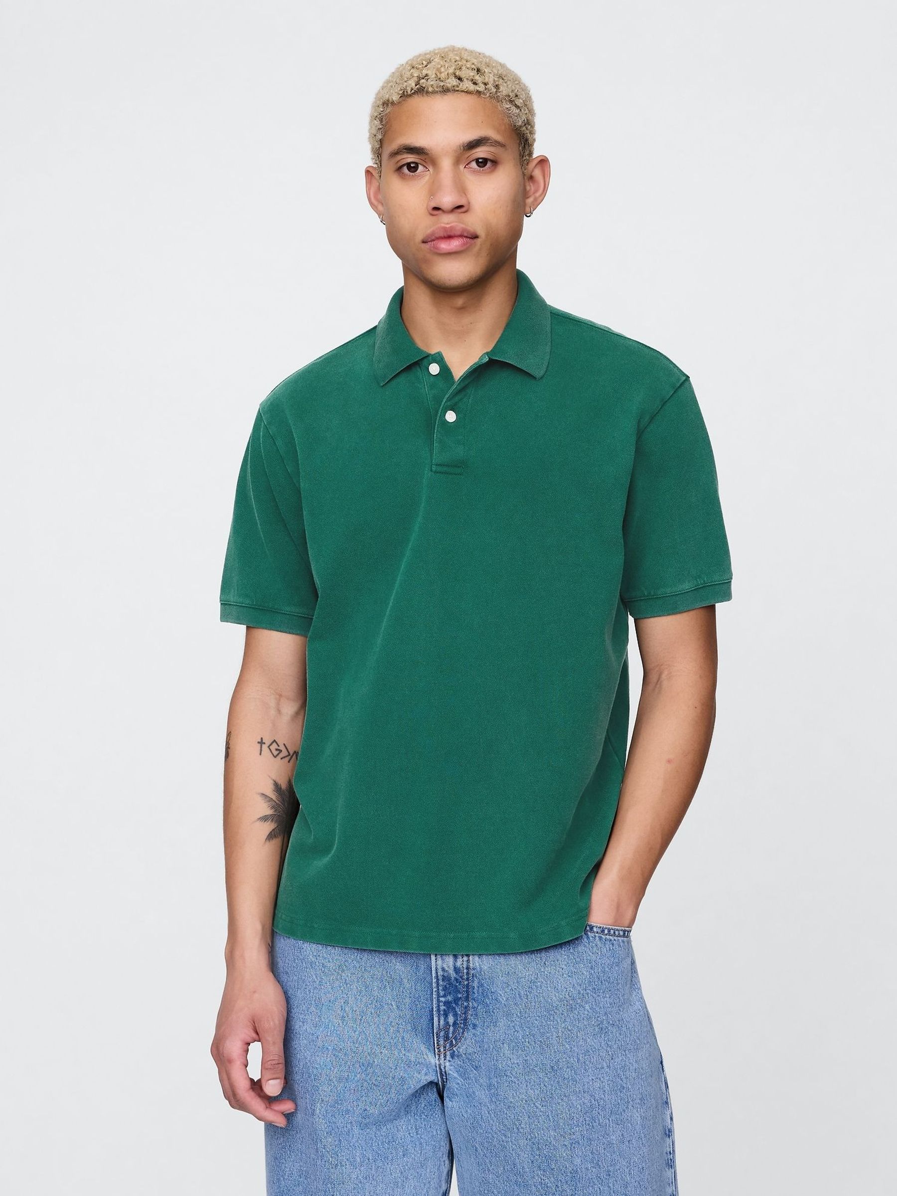 Green Cotton Pique Short Sleeve Polo Shirt (F36009) | £35