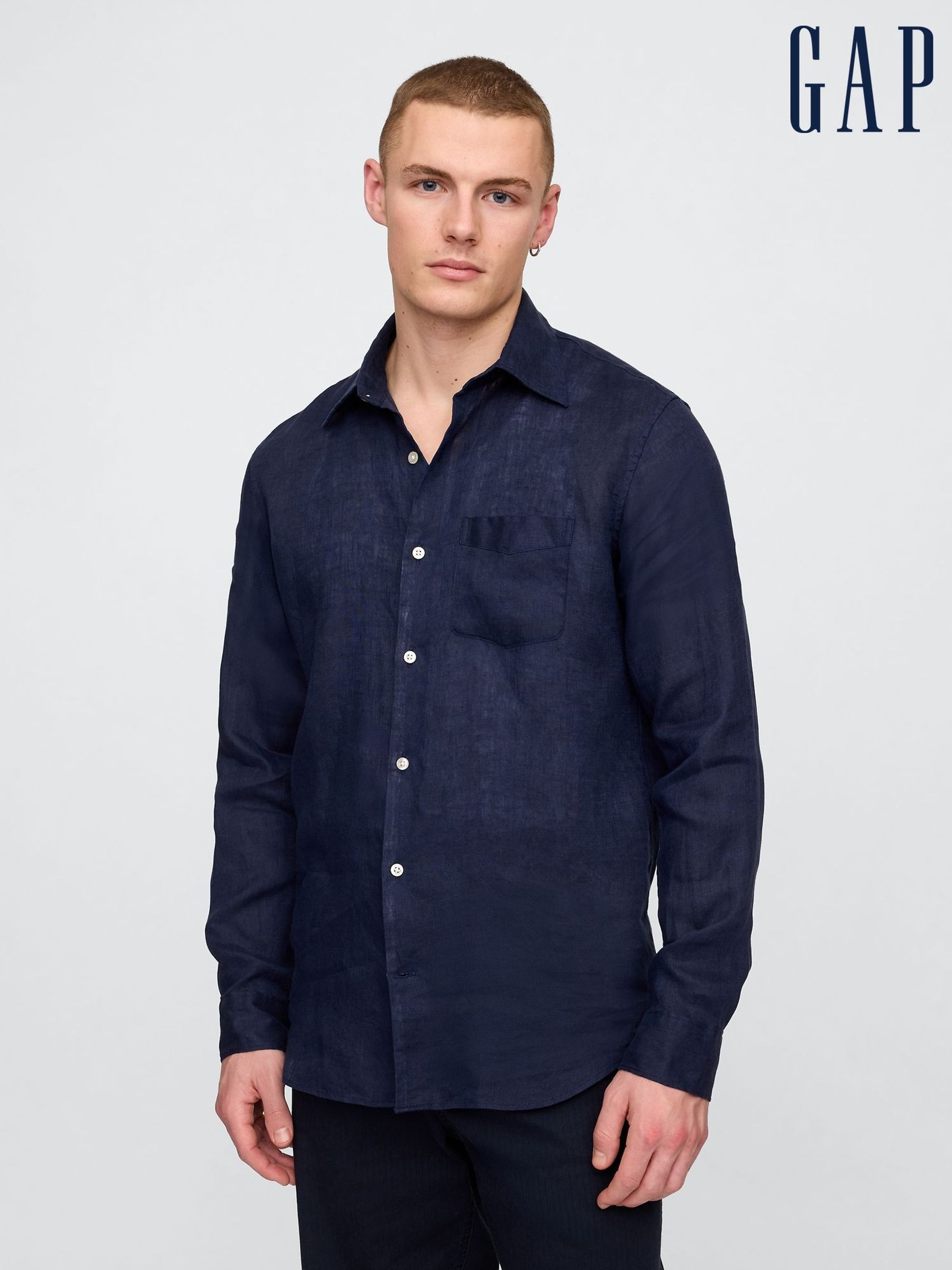 Dark Blue 100% Linen Classic Shirt (F36014) | £70