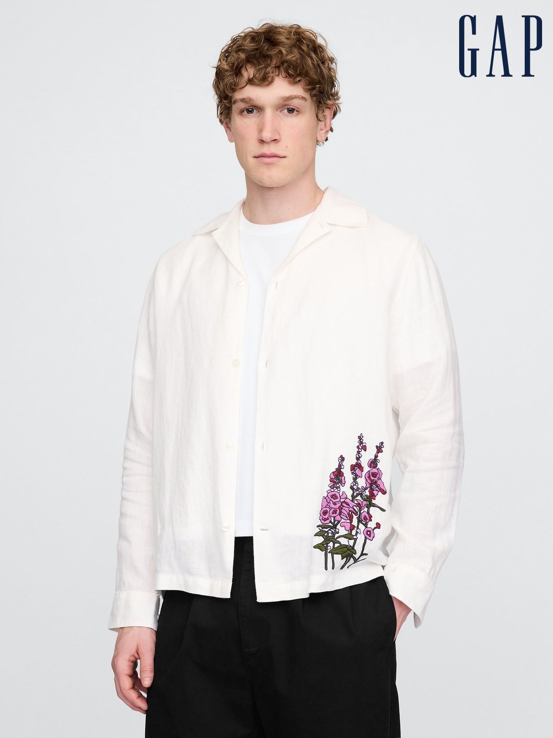 White 100% Linen Long Sleeve Classic Shirt (F36019) | £70