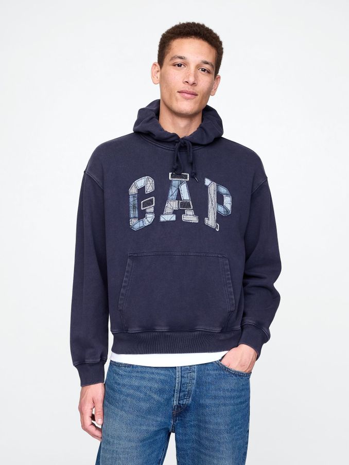 Navy Blue Patchwork Logo Hoodie (F36020) | £75