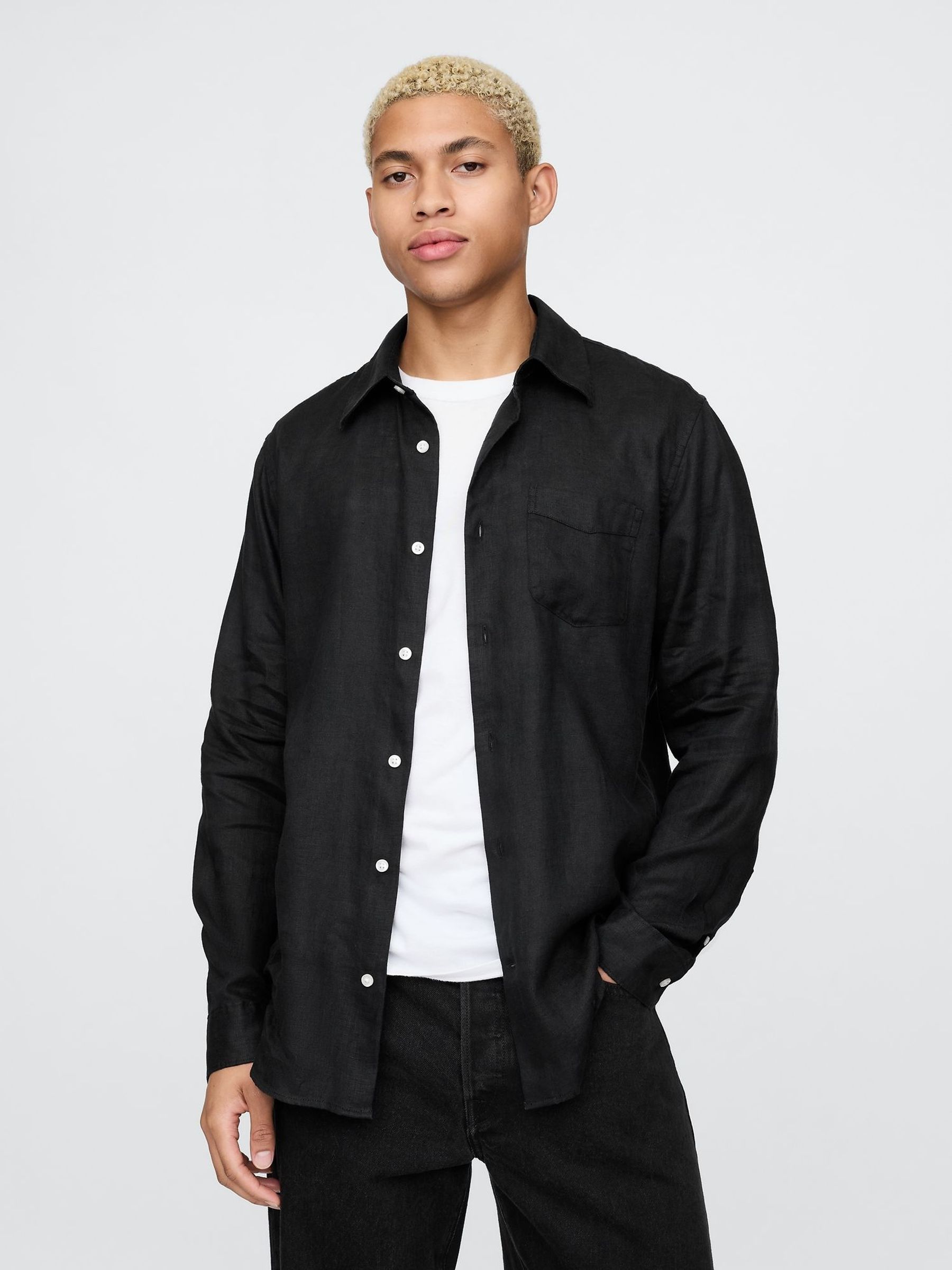 Black 100% Linen Long Sleeve Classic Shirt (F36023) | £70