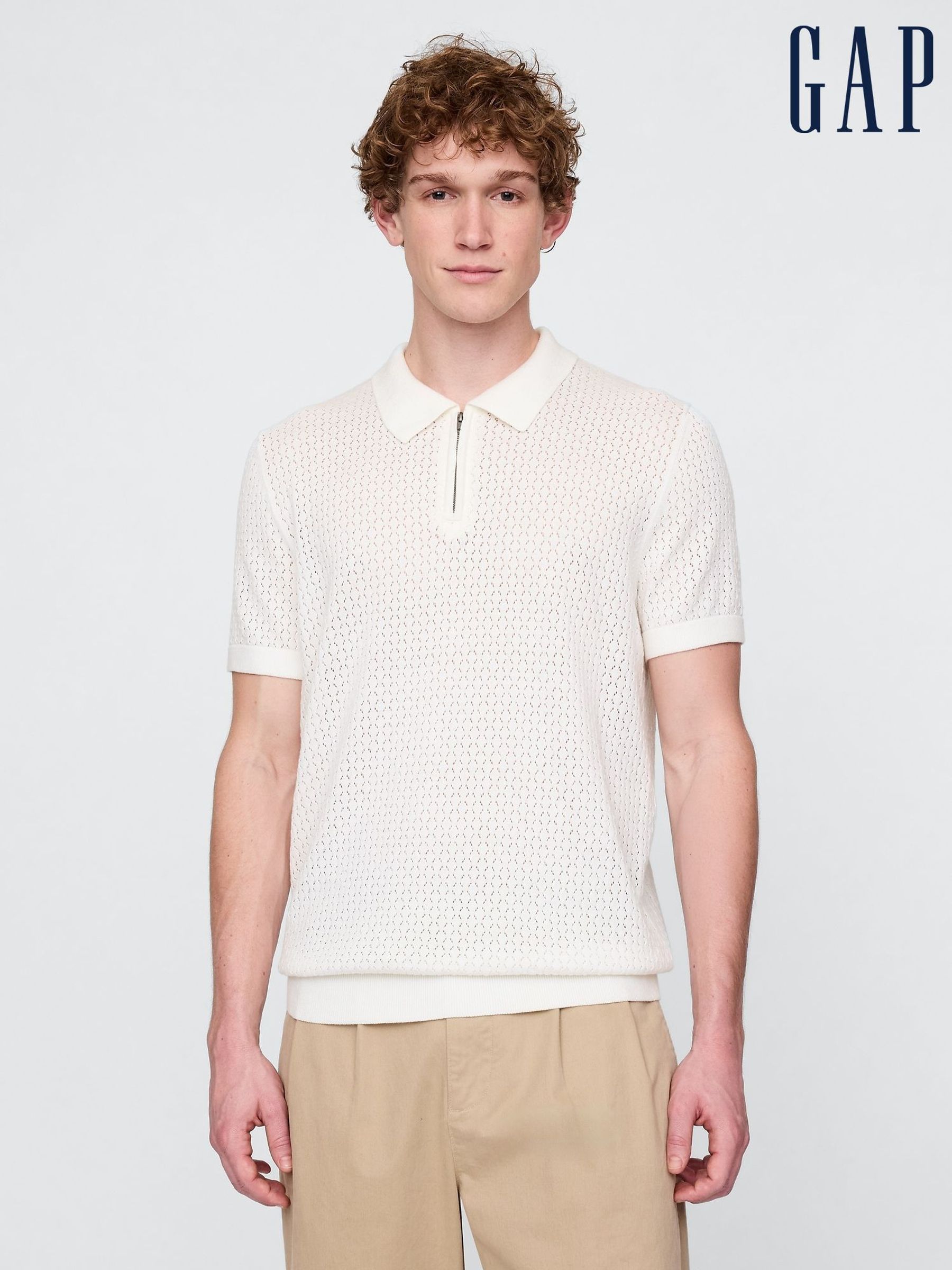 White Crochet Quarter Zip Polo Shirt (F36026) | £35