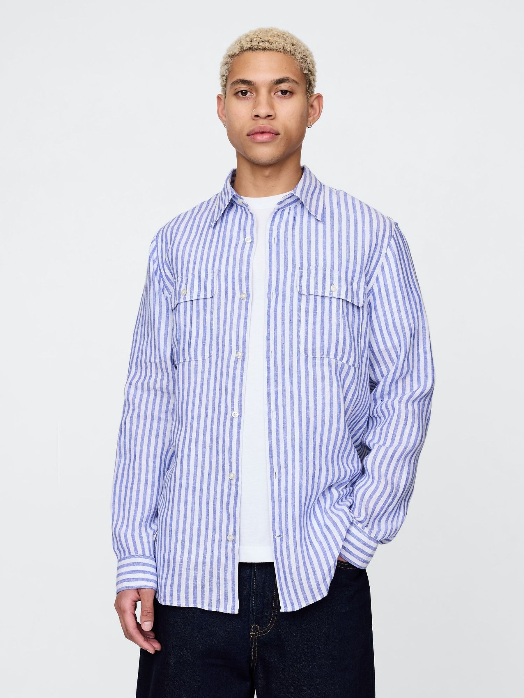 Blue & White Striped 100% Linen Classic Shirt (F36027) | £70