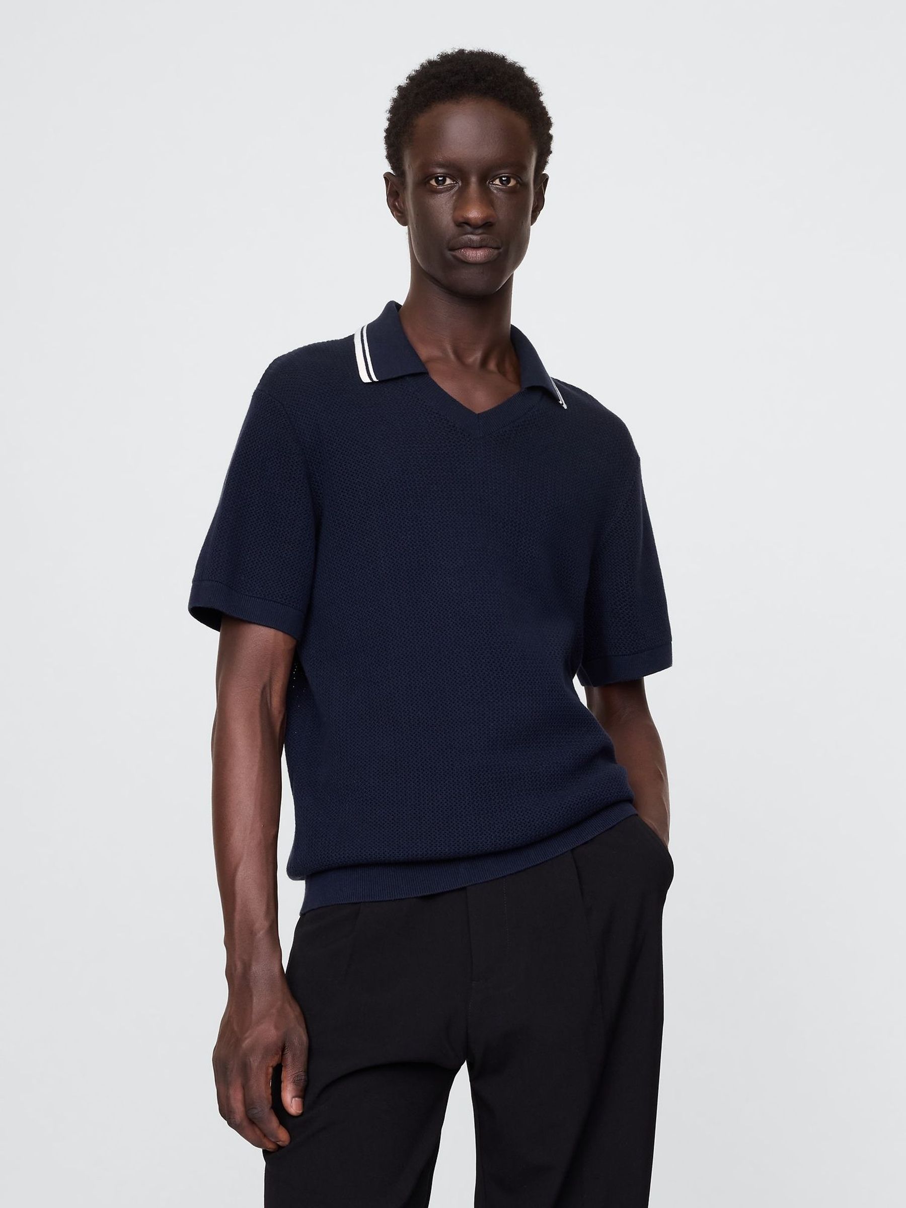 Navy/Blue Johnny-Collar Short Sleeve Knitted Polo Jumper (F36032) | £30