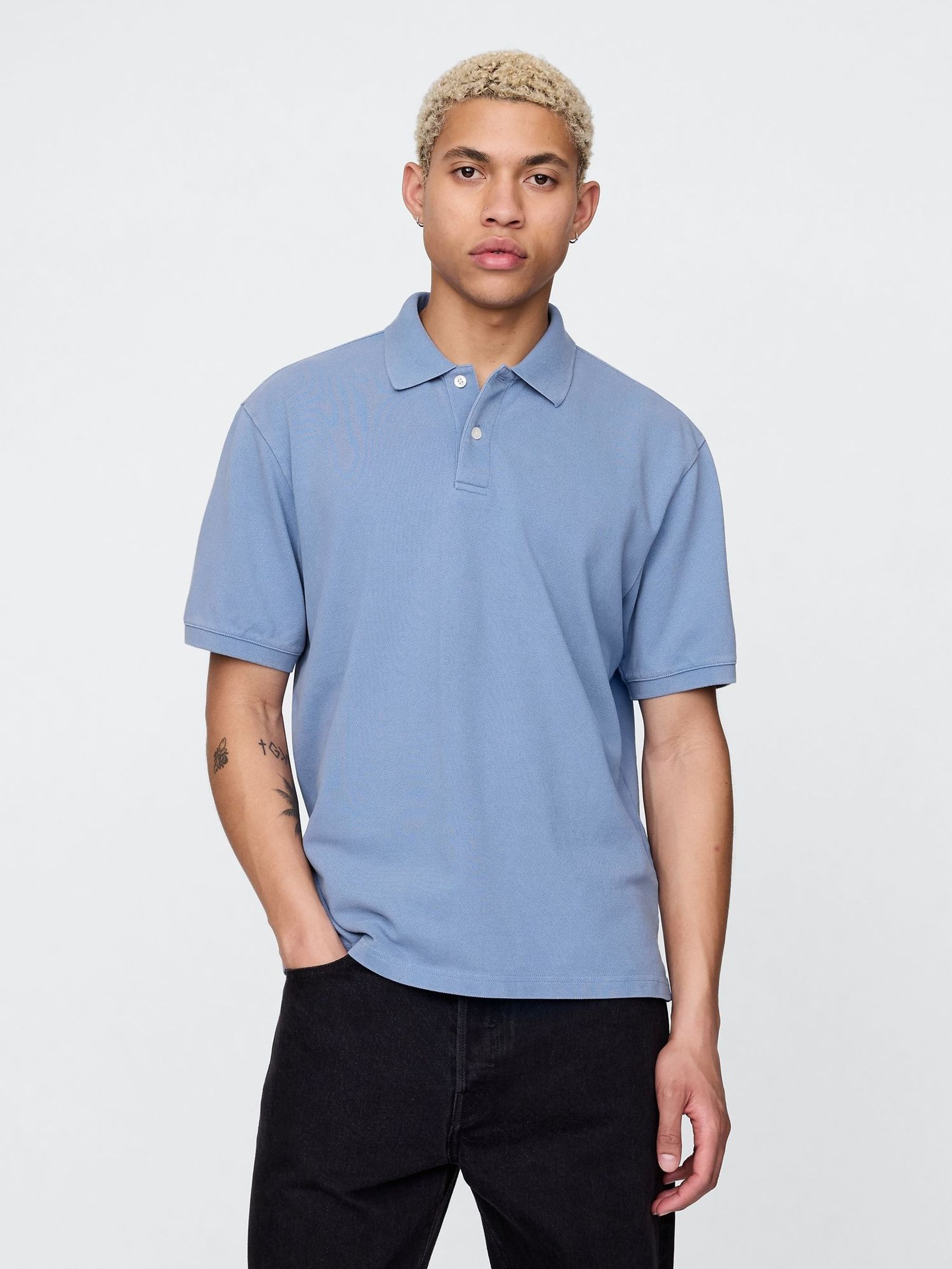 Blue Cotton Pique Short Sleeve Polo Shirt (F36035) | £35
