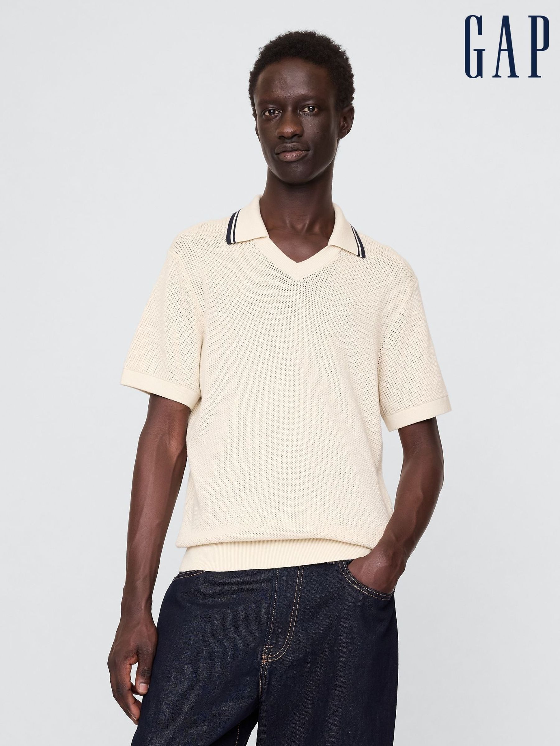 Blue Johnny-Collar Short Sleeve Knitted Polo Jumper (F36064) | £30