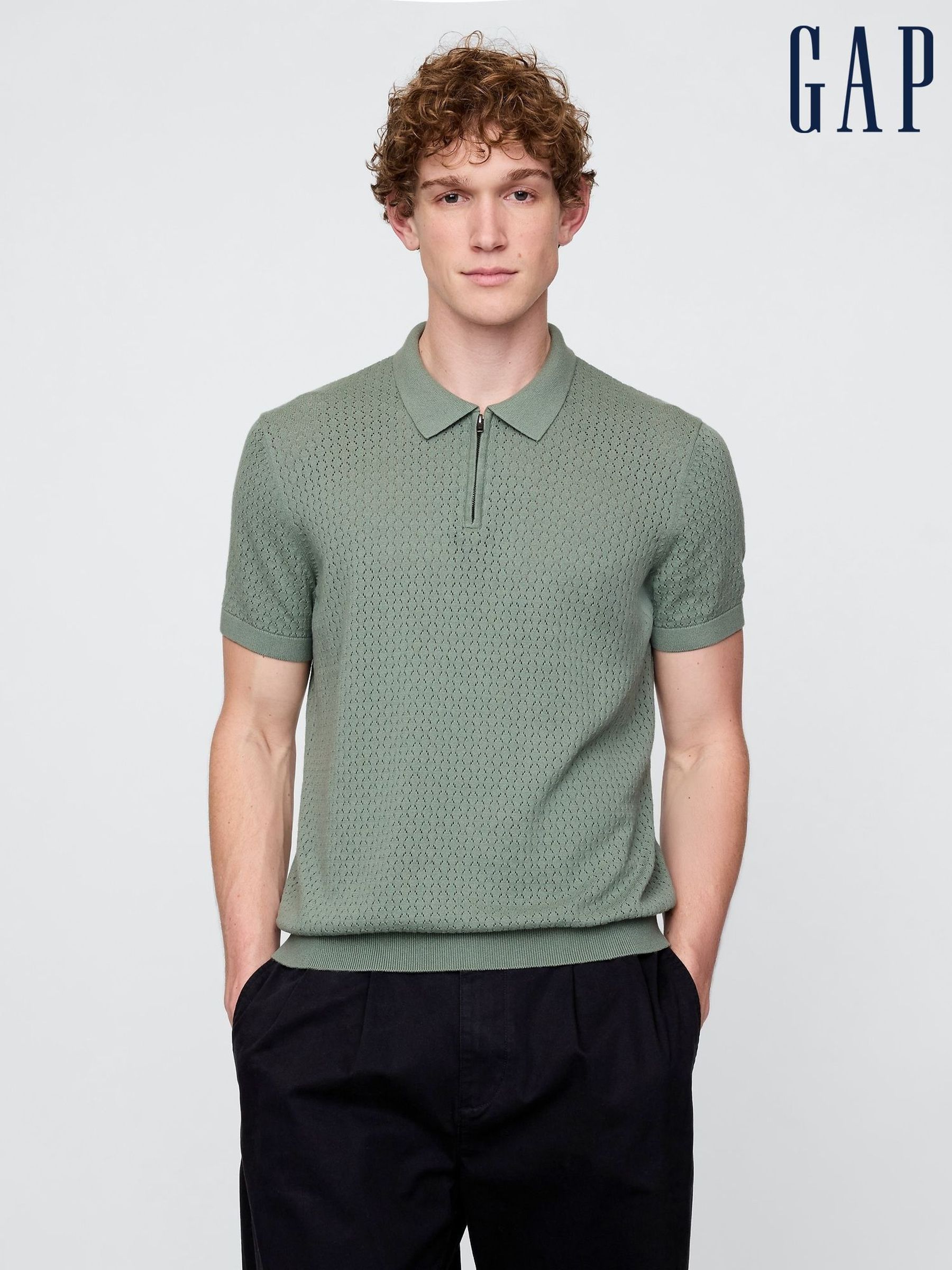 Green Crochet Quarter Zip Polo Shirt (F36067) | £35