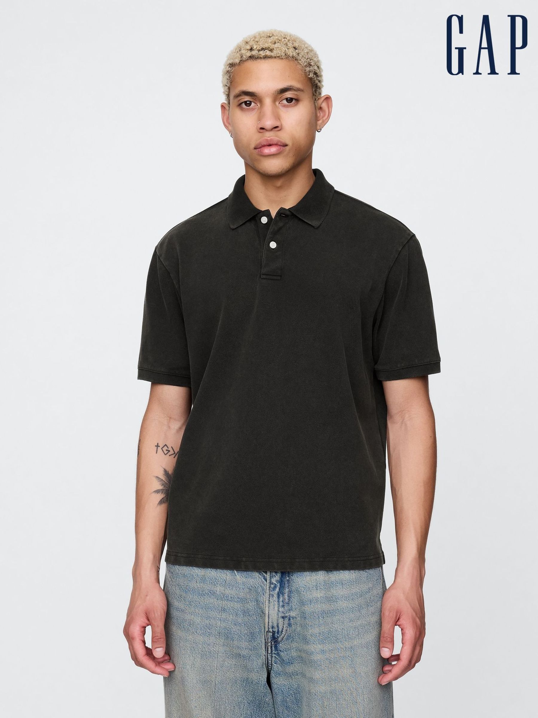 Black Cotton Pique Short Sleeve Polo Shirt (F36072) | £35