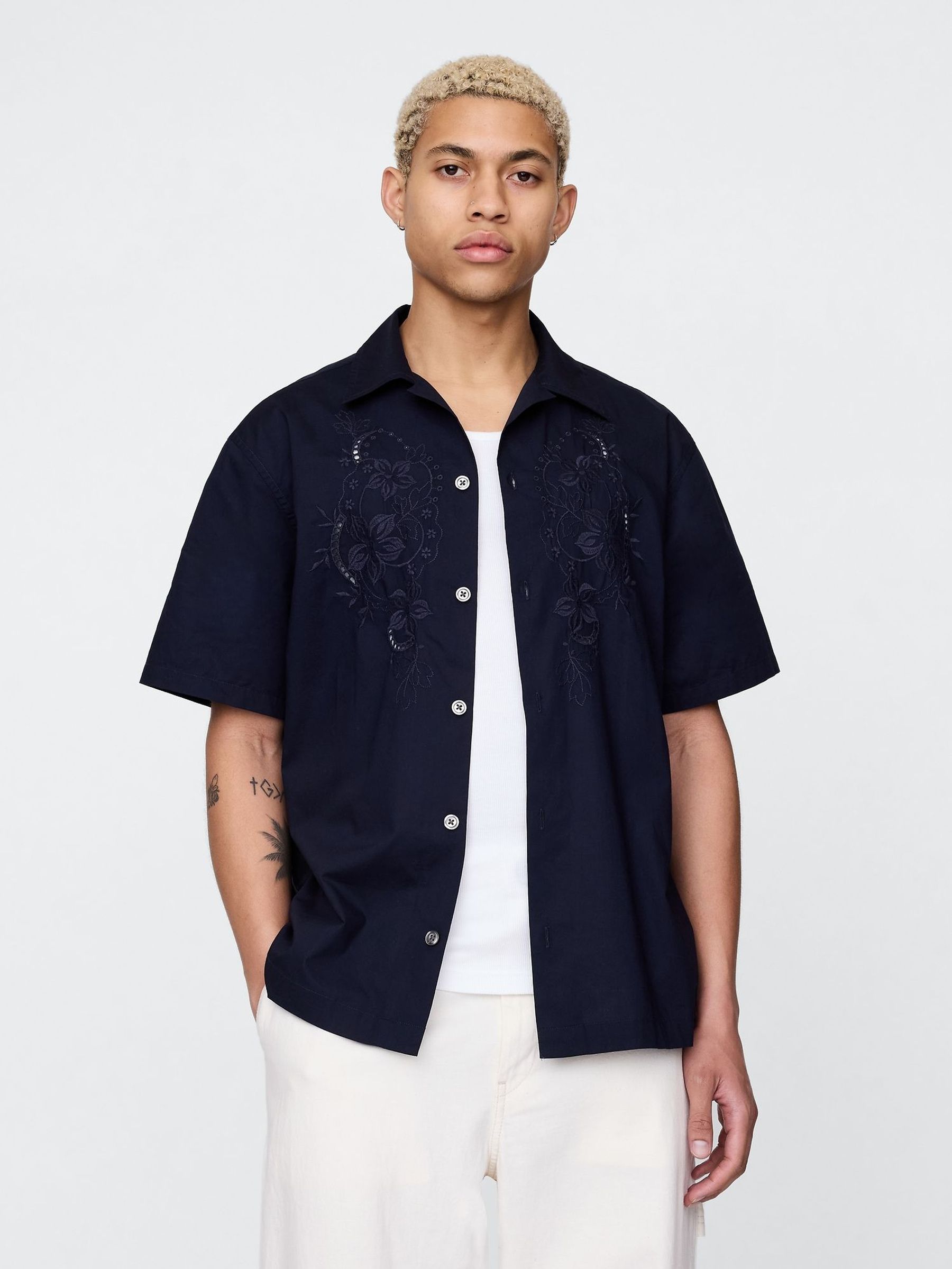 Navy Blue Eyelet Poplin Shirt (F36073) | £45