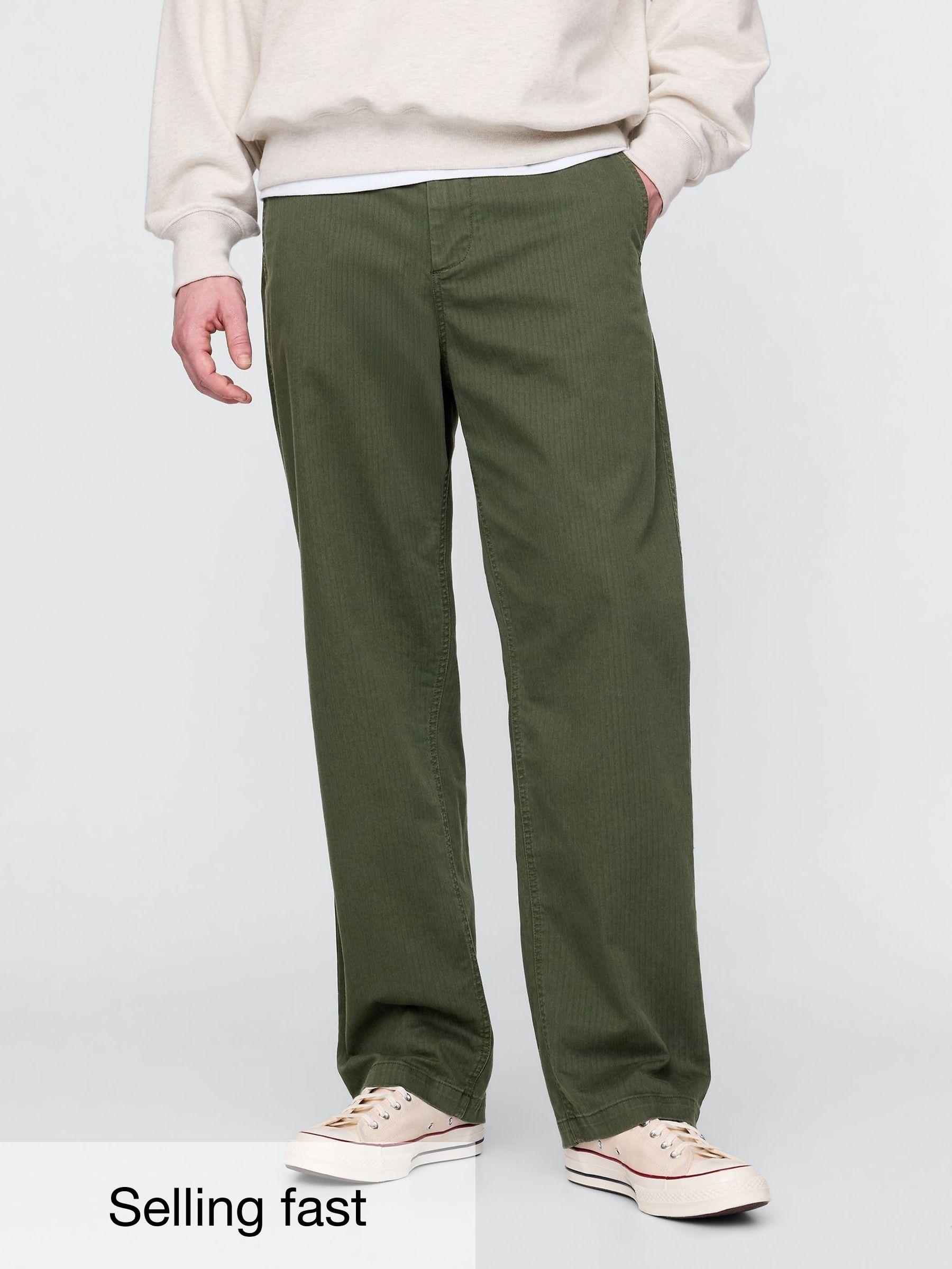 Khaki Green 90s Loose Herringbone Chino Trousers (F36528) | £45