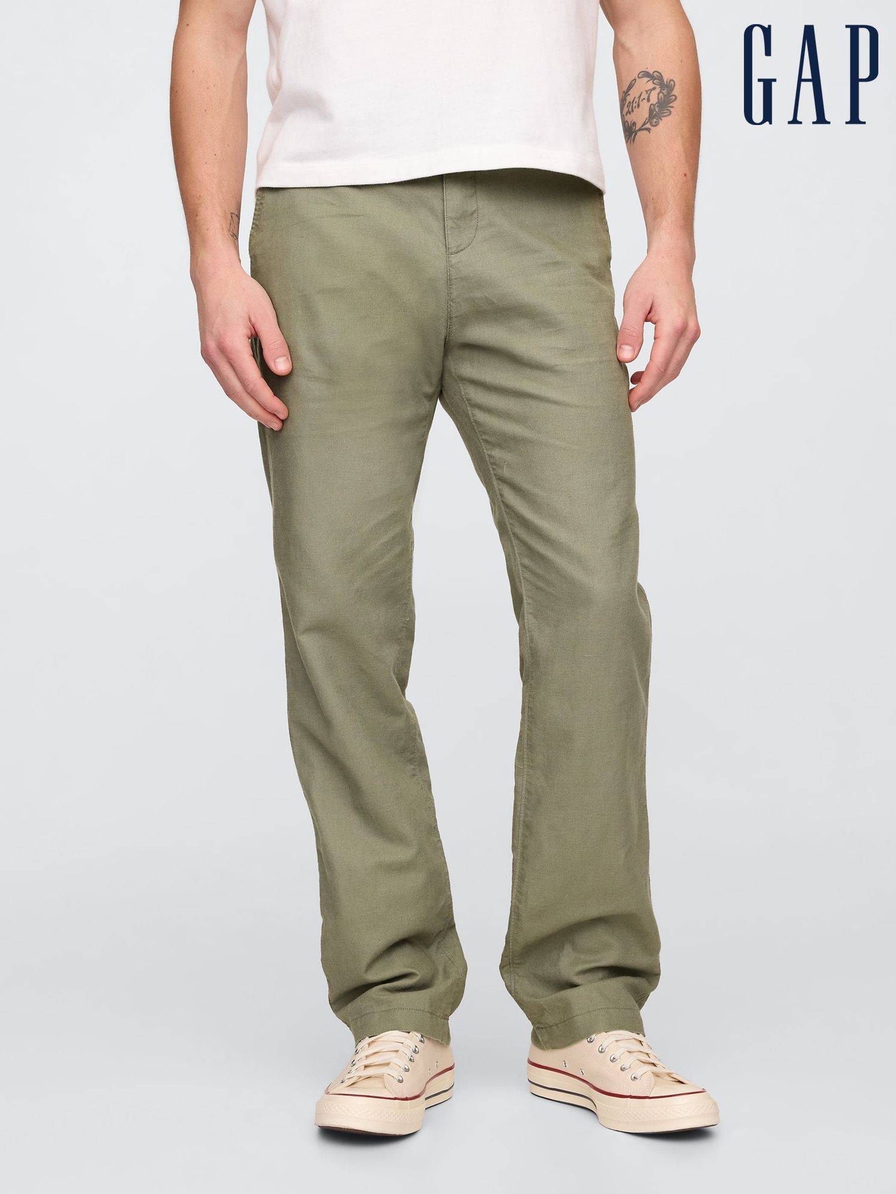 Green Straight Fit Linen-Cotton Chino Trousers (F36543) | £60
