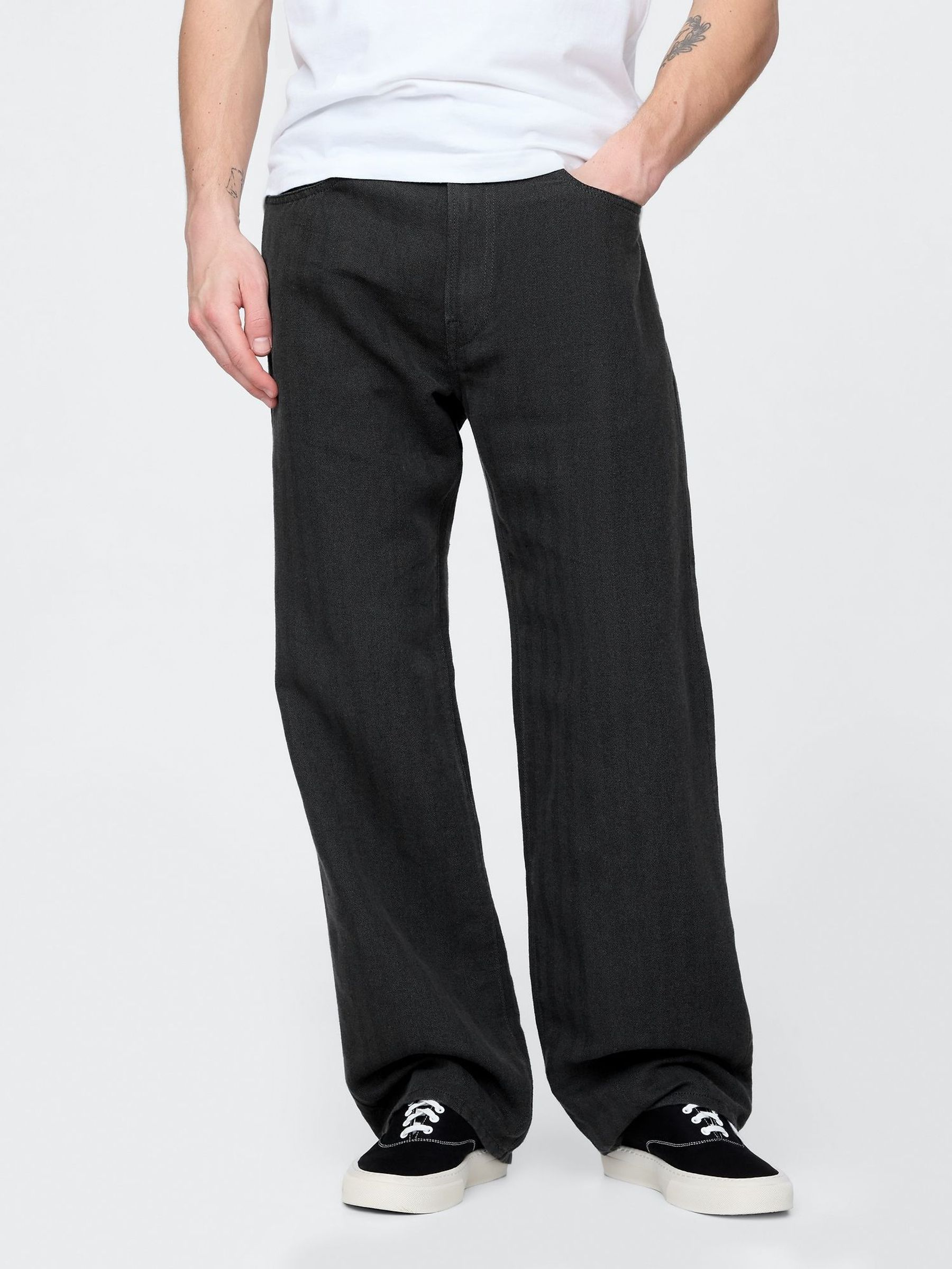 Black Linen-Cotton 90s Loose Herringbone Trousers (F36558) | £50