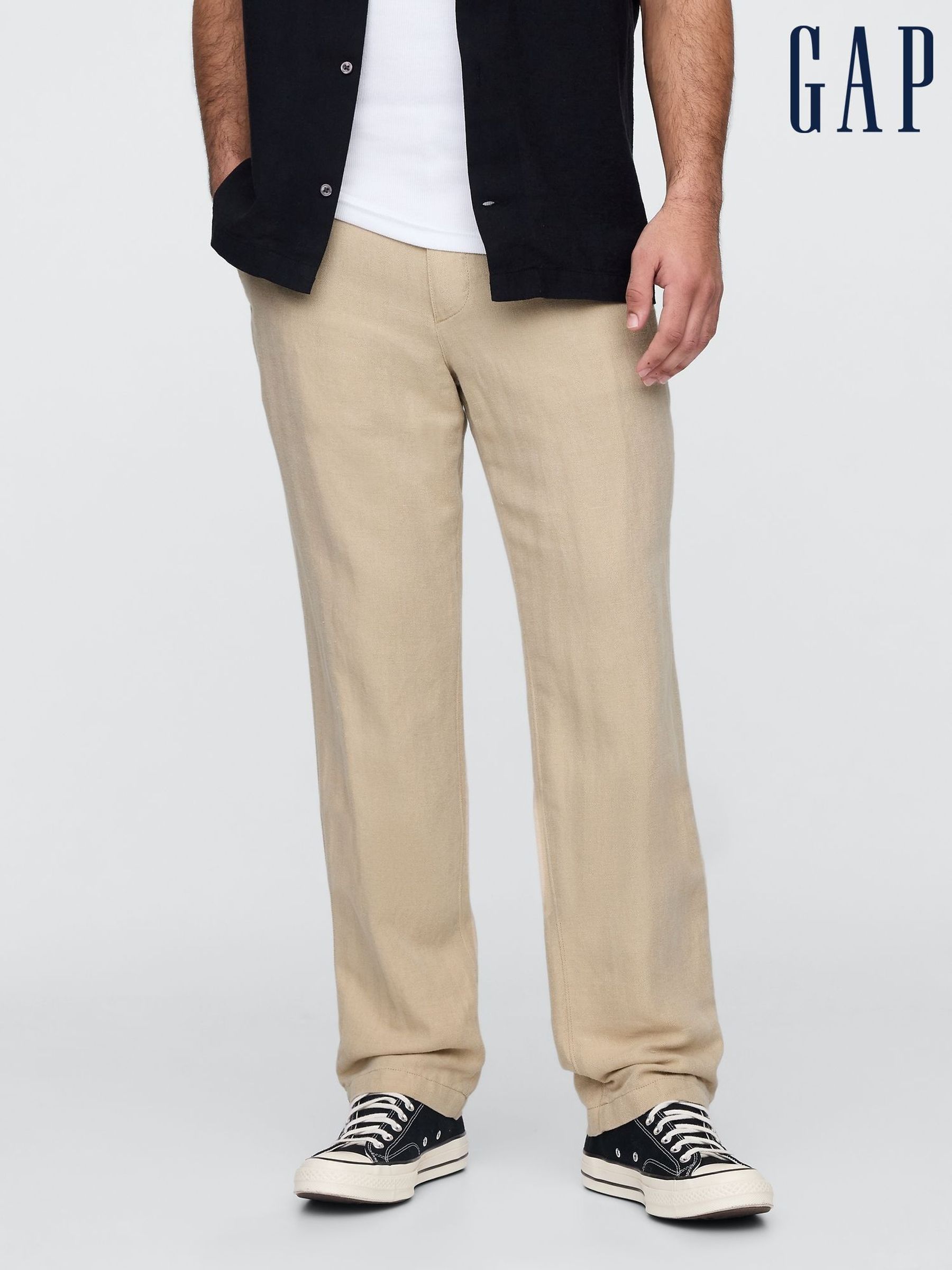 Beige Straight Fit Linen-Cotton Chino Trousers (F36565) | £60