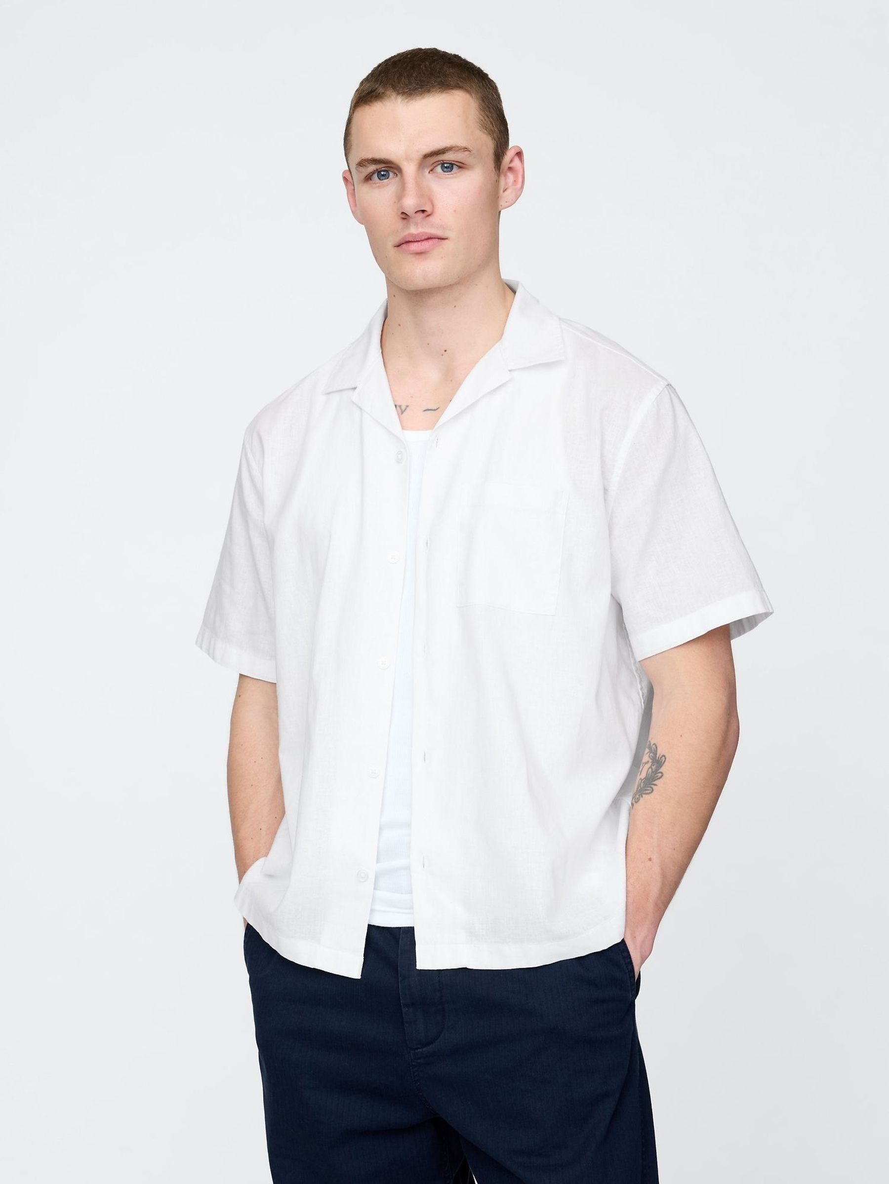 White Linen-Cotton Short Sleeve Shirt (F36576) | £45