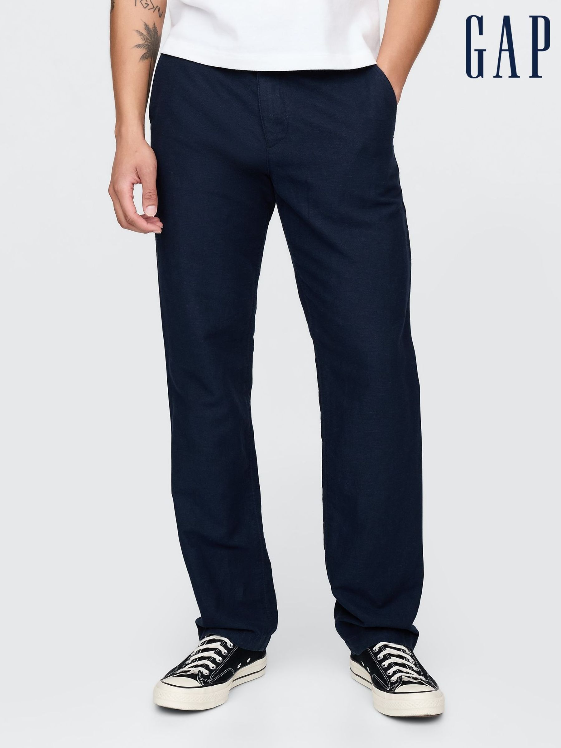 Navy Blue Linen-Cotton Chinos (F36578) | £60