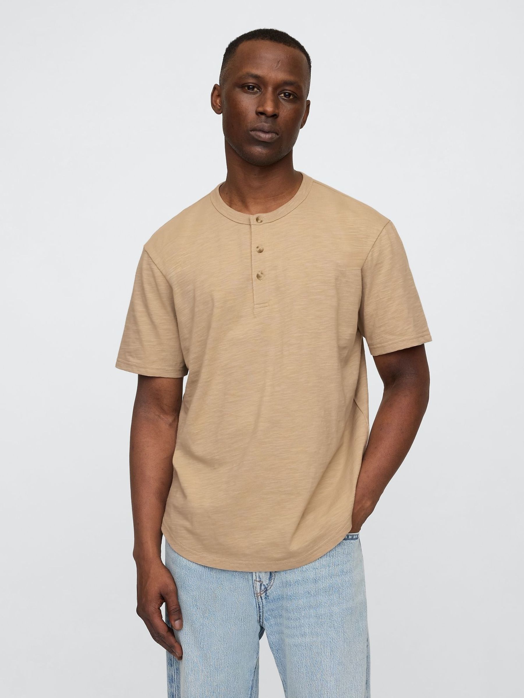 Beige Short Sleeve Henley T-Shirt (F36579) | £16
