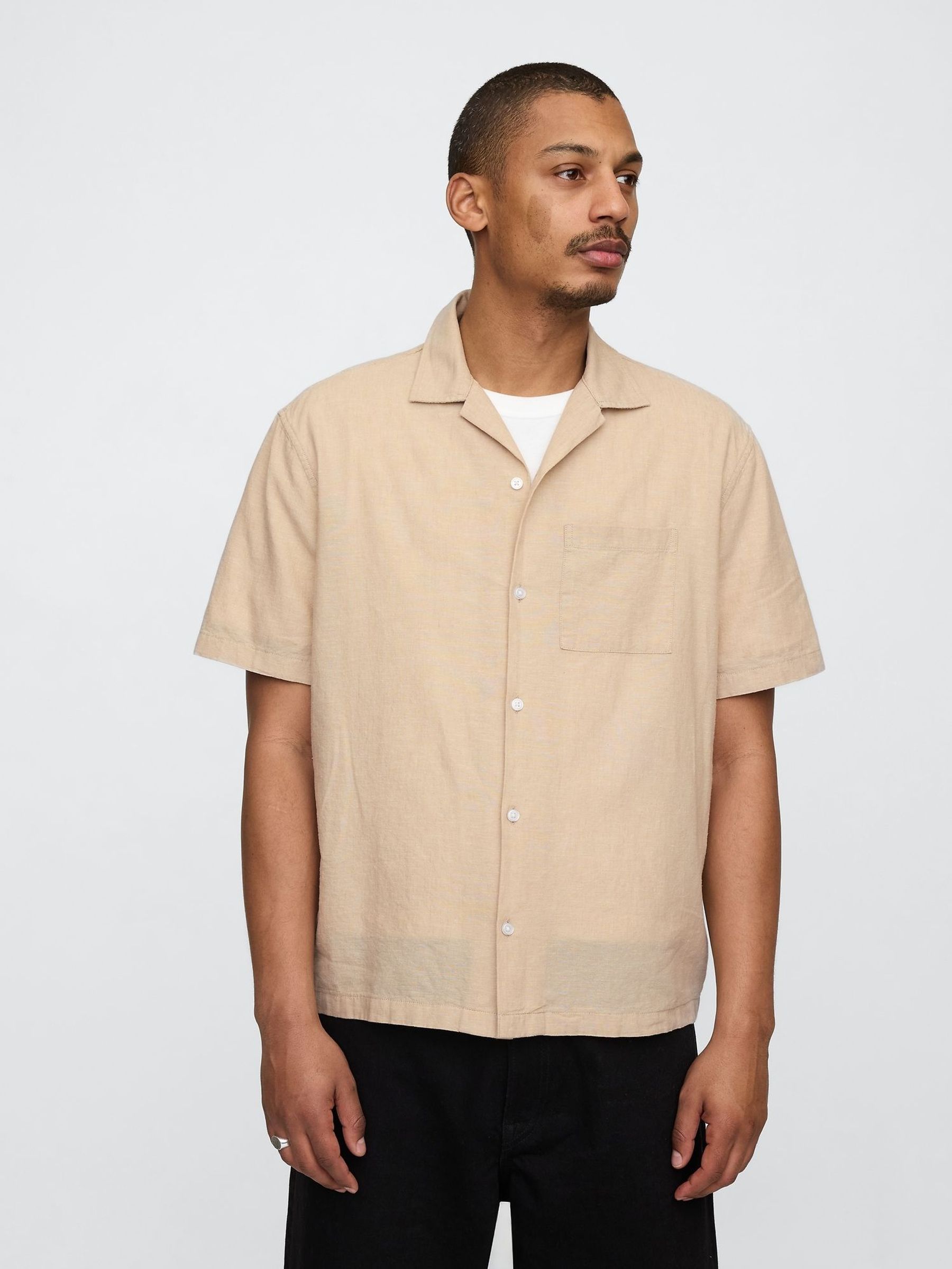 Beige Linen-Cotton Short Sleeve Shirt (F36582) | £45