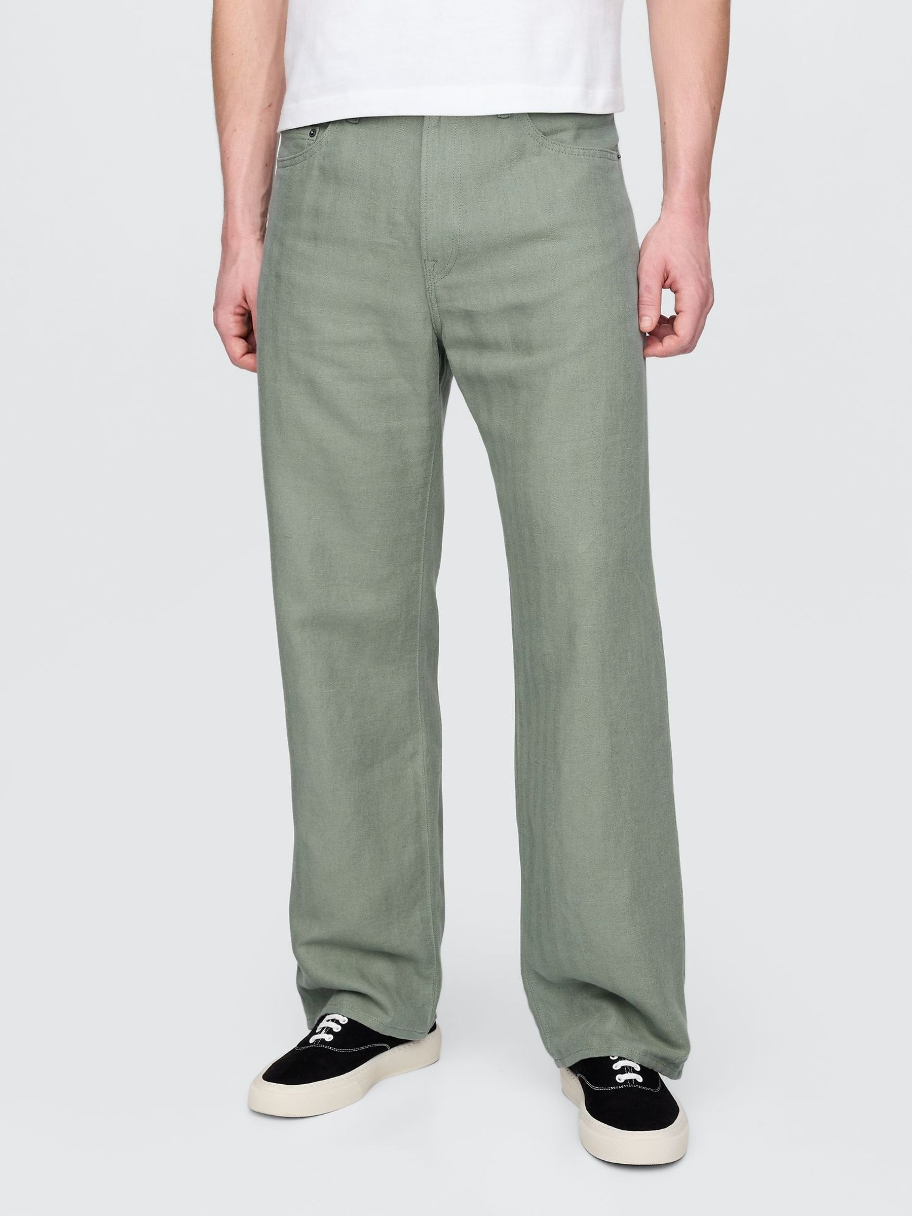Green Linen-Cotton 90s Loose Herringbone Trousers (F36590) | £50