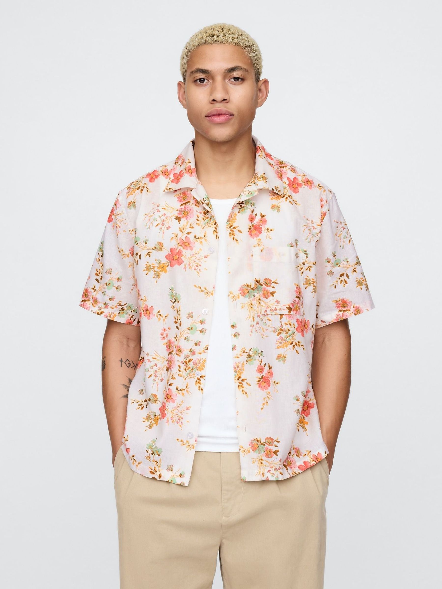 White Floral Linen-Cotton Shirt (F36593) | £45