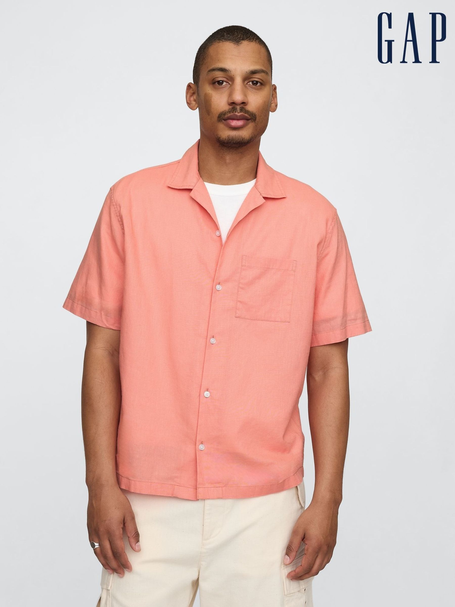 Coral Pink Linen-Cotton Short Sleeve Shirt (F36594) | £45