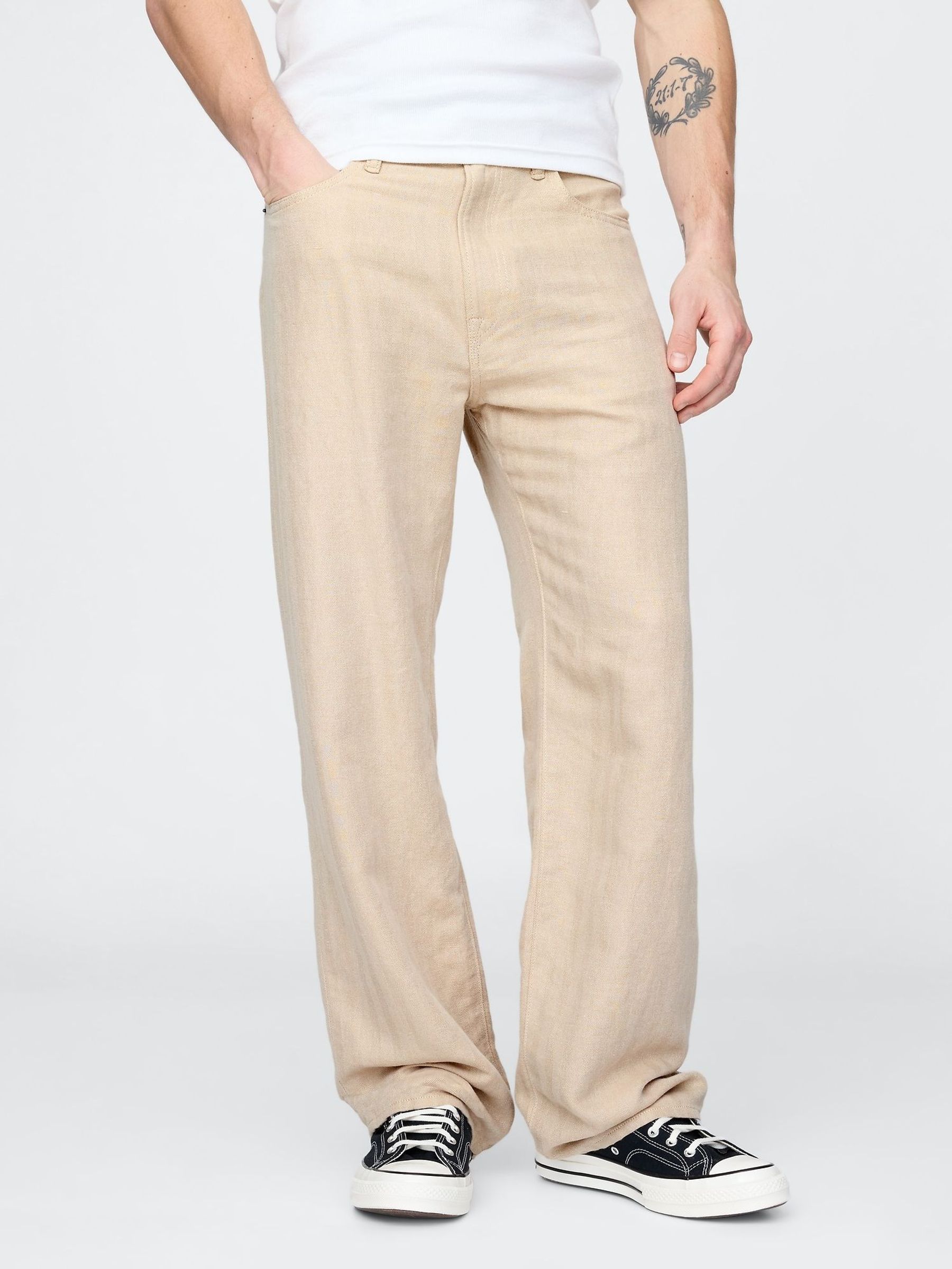 Beige Linen-Cotton 90s Loose Herringbone Trousers (F36605) | £50
