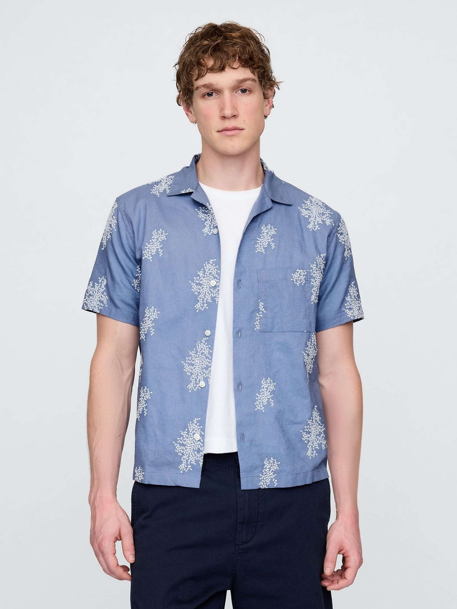 Blue Linen-Cotton Short Sleeve Shirt (F36607) | £45