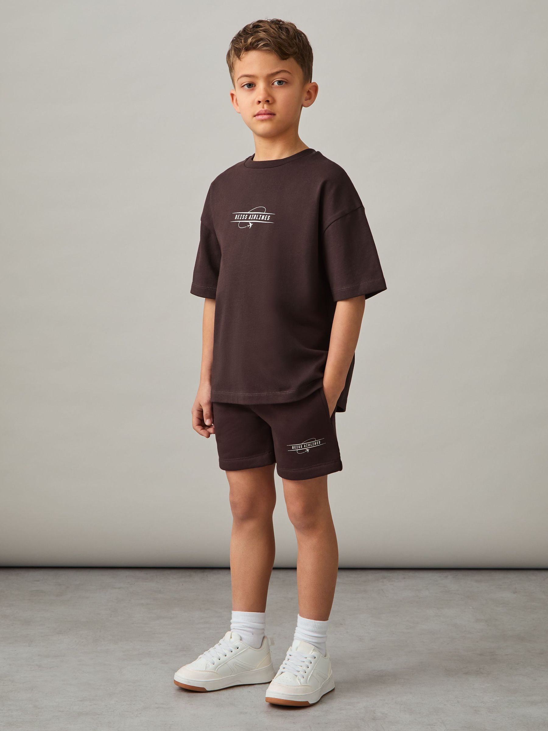 Cotton-Blend Airlines-Print Shorts in Chocolate Brown/Off White (F37233) | £29