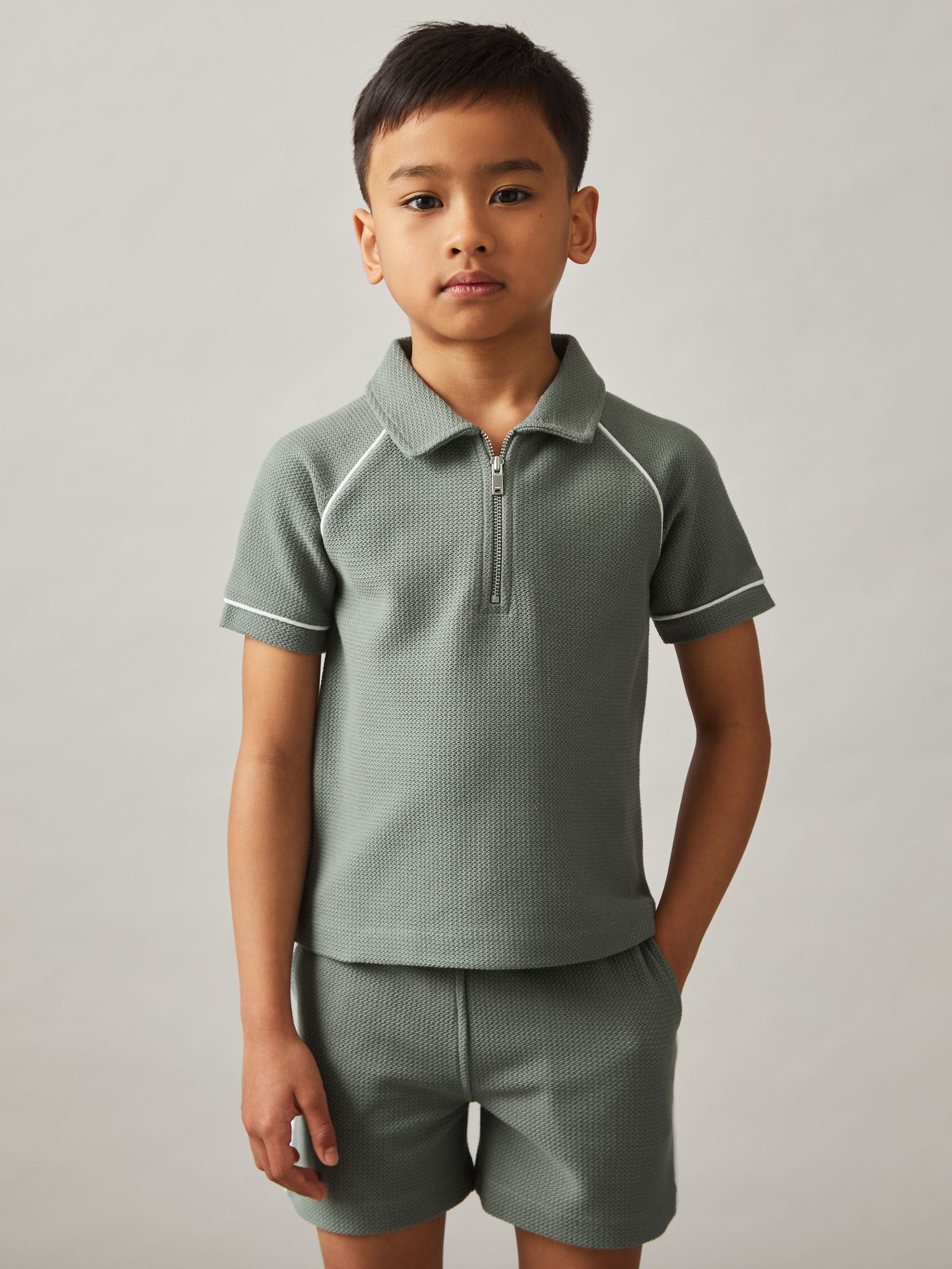 Cotton Textured Half-Zip Polo Shirt in Sage Green (F37247) | £28