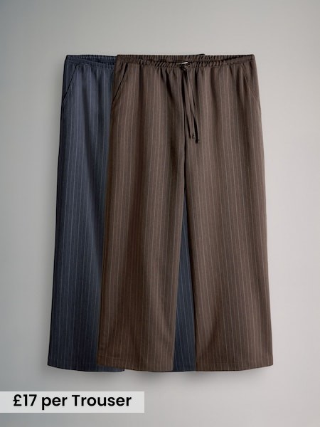 Dark Navy/Chocolate Brown - 2 Pack Pinstripe Wide Leg Pull On Trousers (F38499) | £34