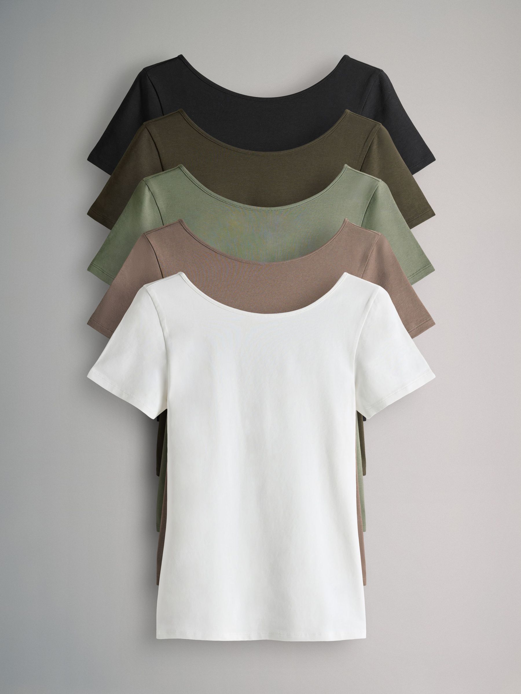 Cream/Taupe Brown/Light Green/Khaki/Black - 5 Pack Scoop Back Fittted Short Sleeve T-Shirts (F38512) | £25