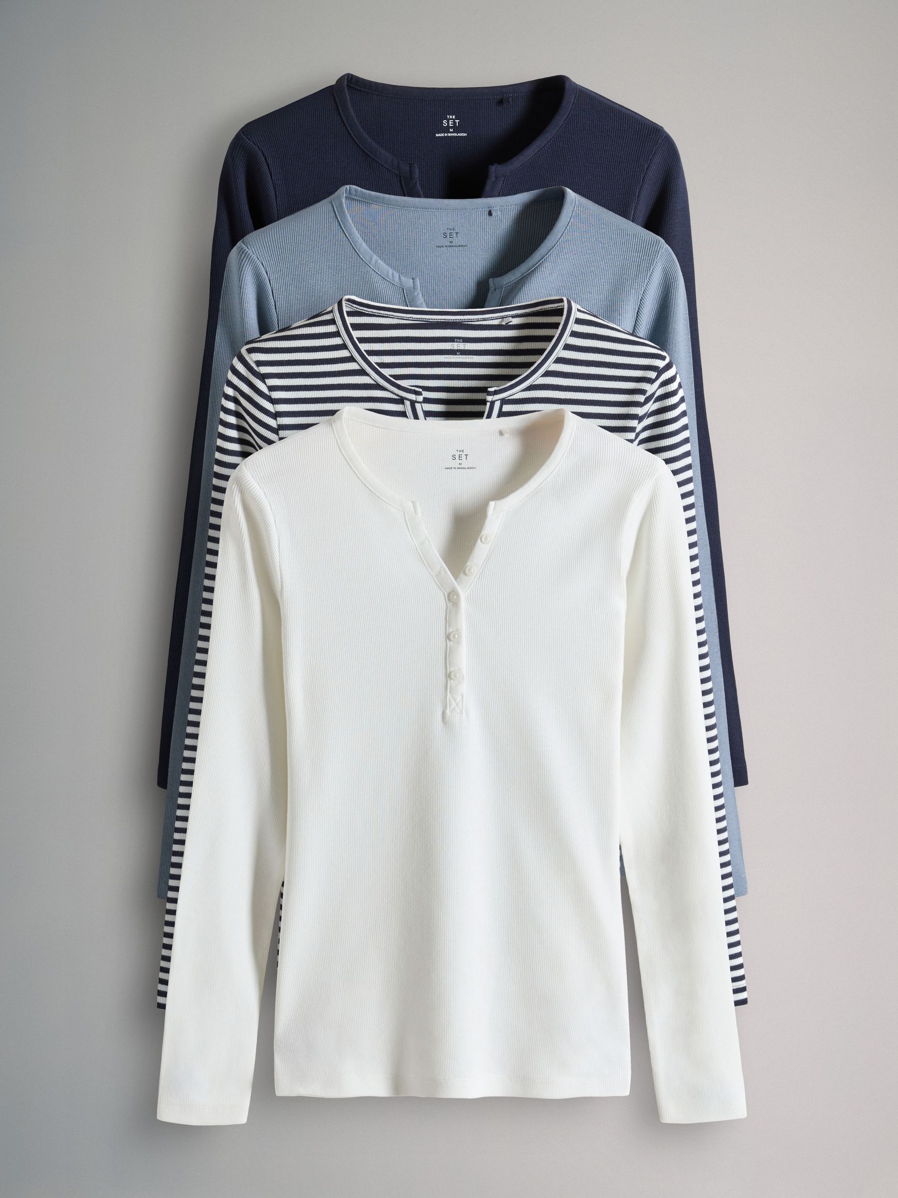 Navy/Blue/Stripe/White - 4 Pack Ribbed Henley Long Sleeve T-Shirts (F38514) | £30