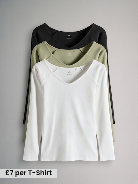 3 Pack Deep V-Neck Ribbed Long Sleeve Tops (F40238) | £21