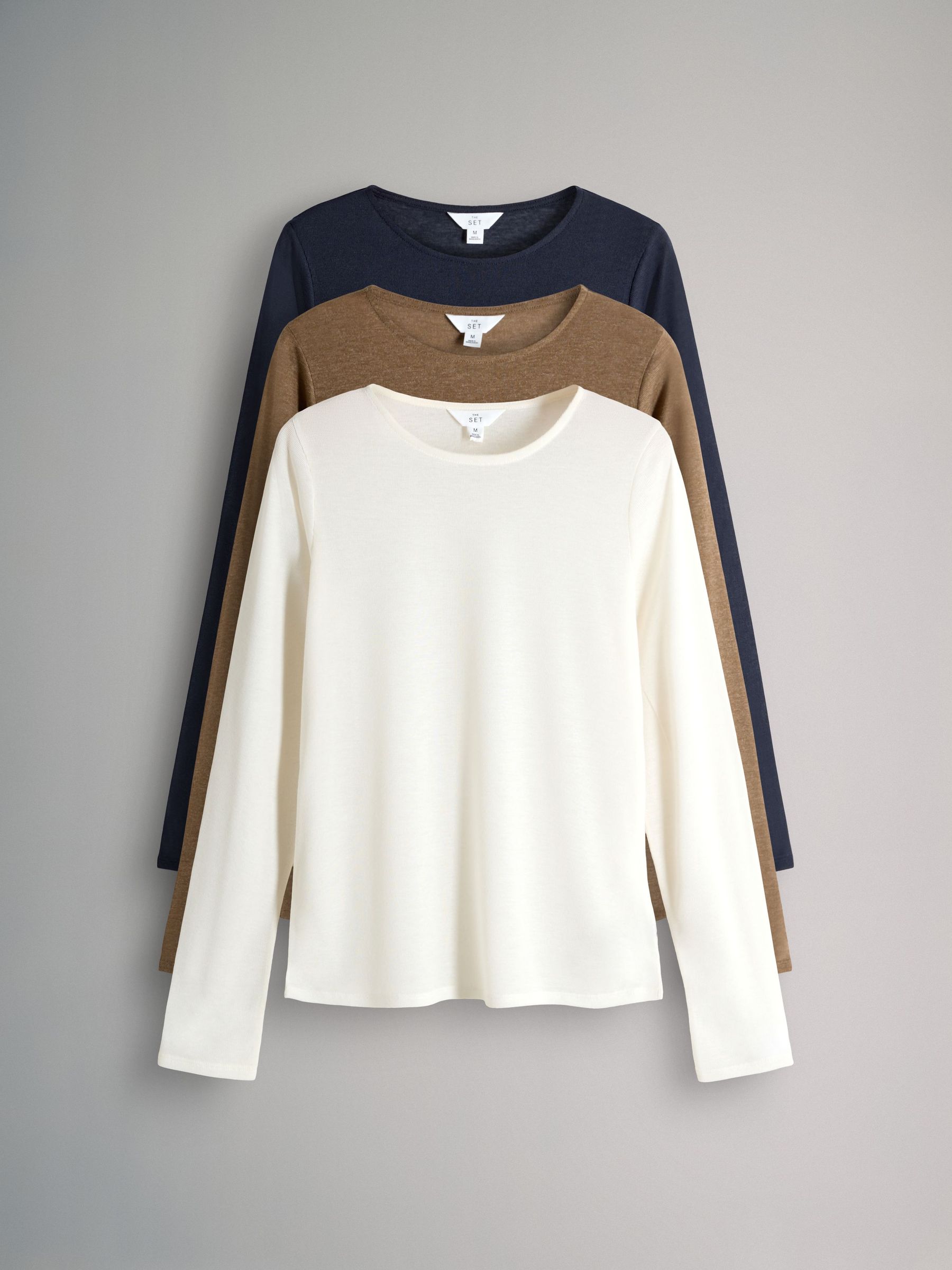 Cream/Brown/Navy Blue - 3 Pack Sheer Long Sleeve T-Shirts (F40249) | £18